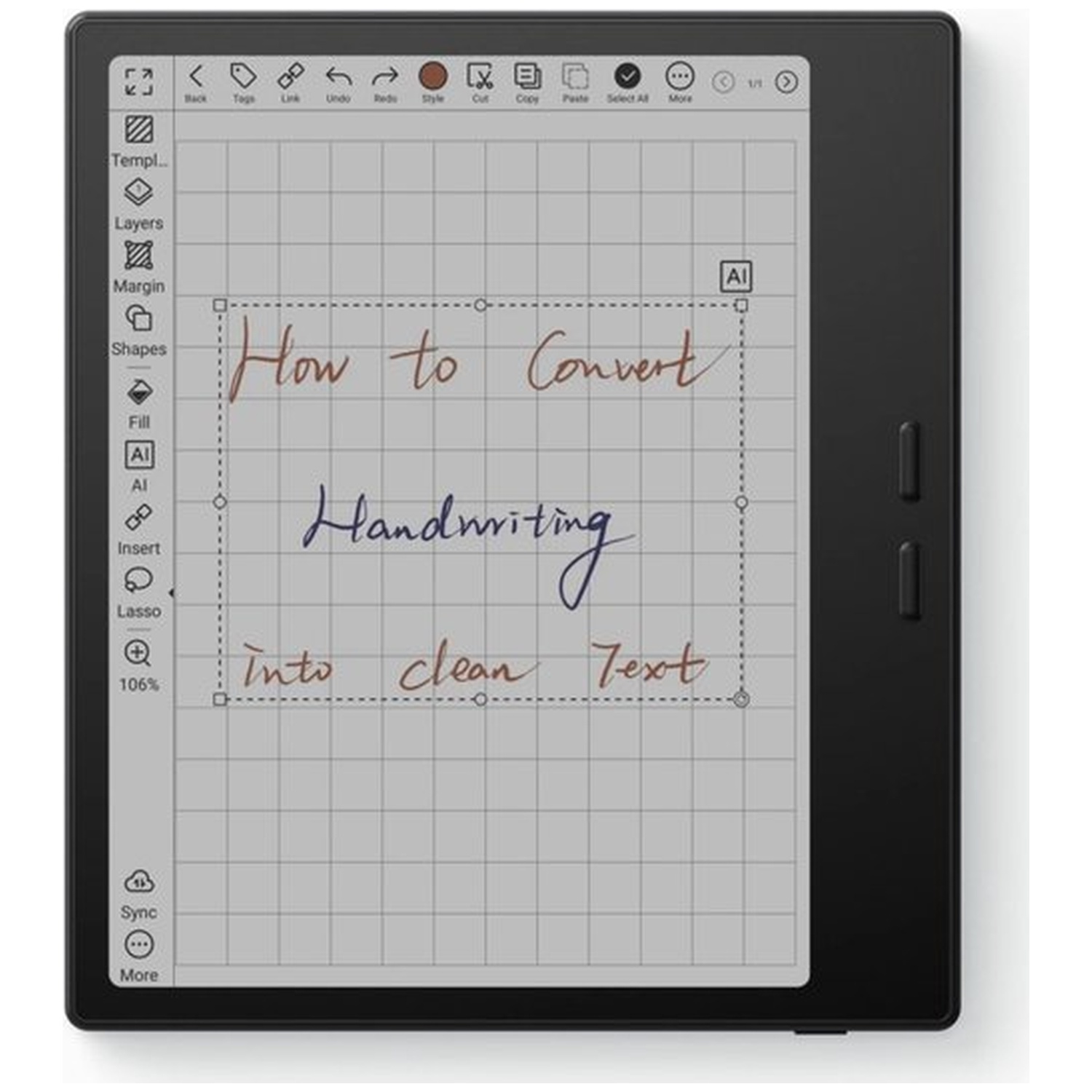 E-reader displays handwritten text: 'How to Convert Handwriting into clean Text'.