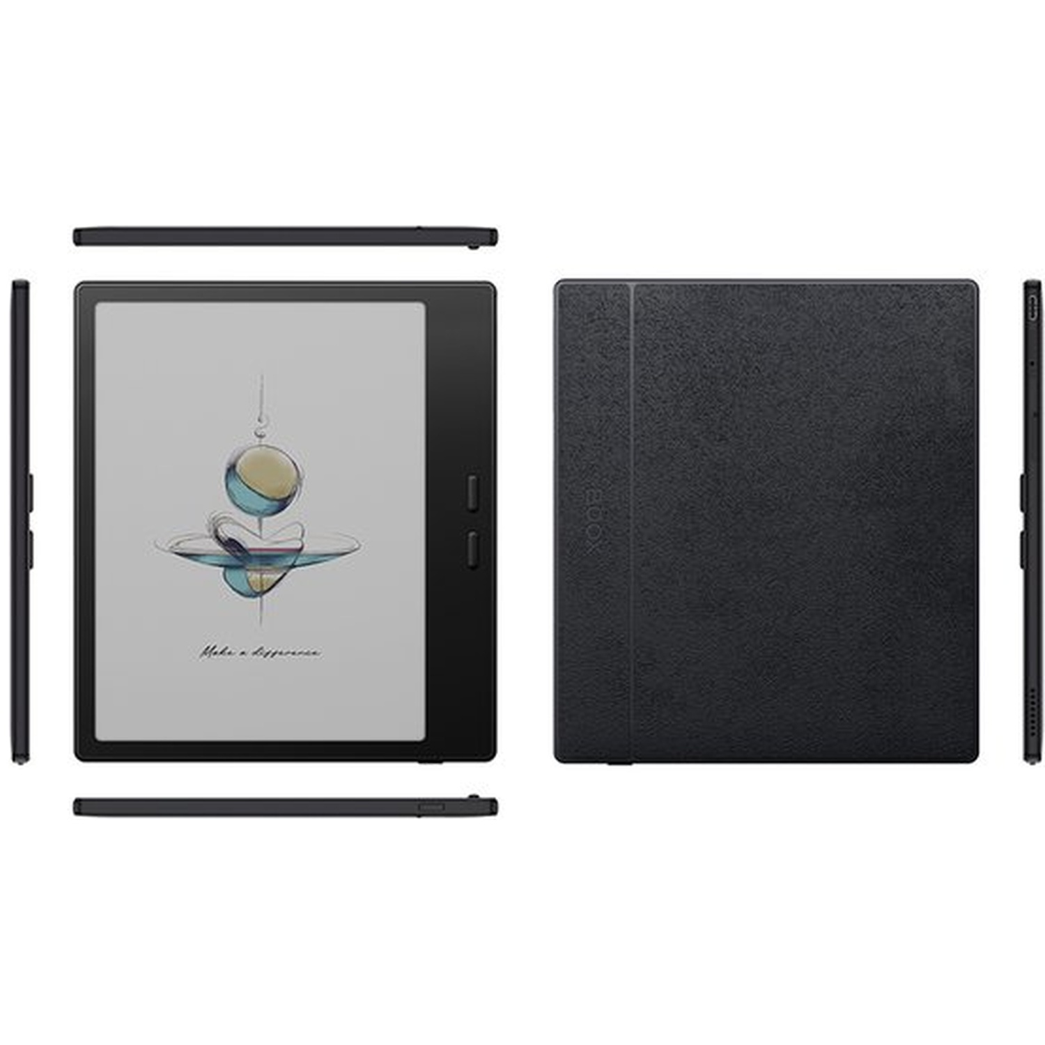 Black e-reader shown from front, back, and sides. Front displays abstract art and text.