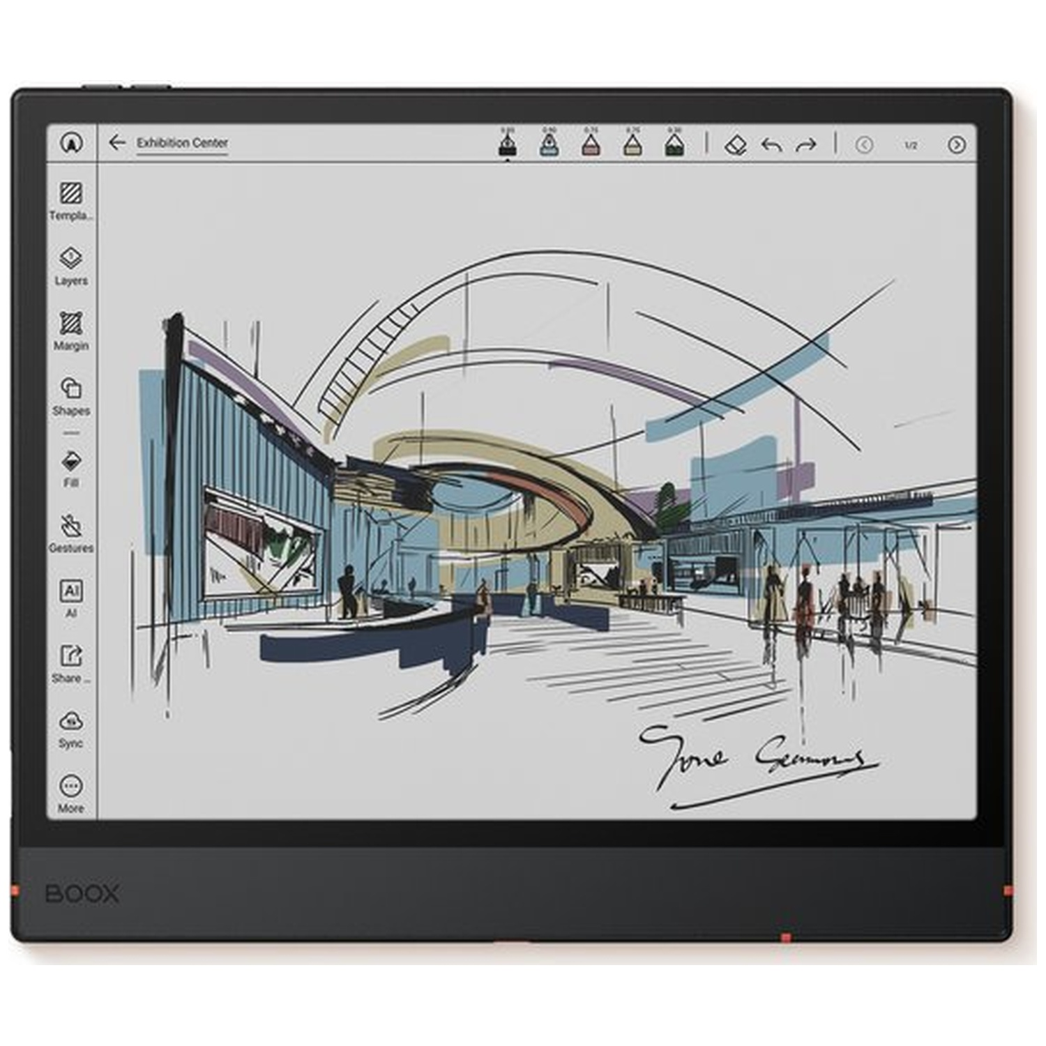A BOOX tablet displays a sketch of an exhibition center with people and architectural elements.