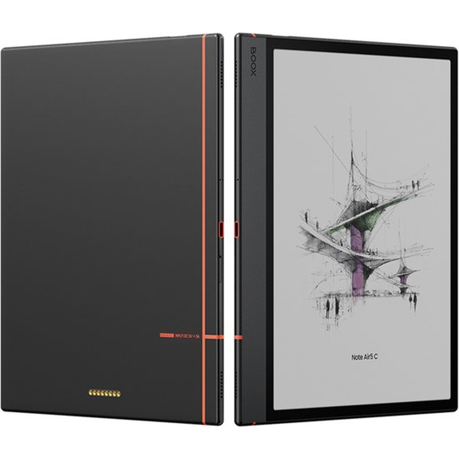Black e-reader, front shows sketch art. Back shows ports and text.