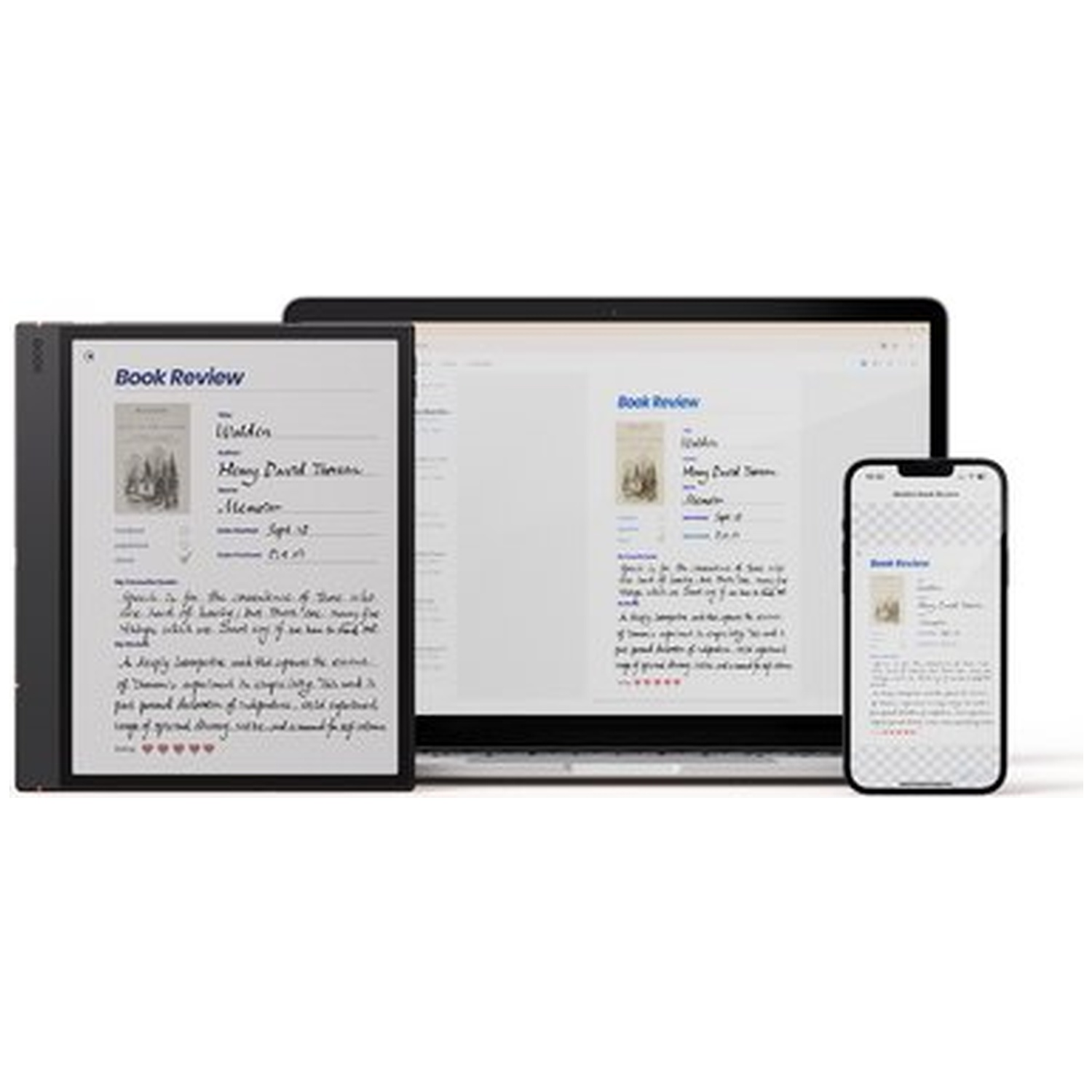E-reader, laptop, and phone display book reviews. White background.