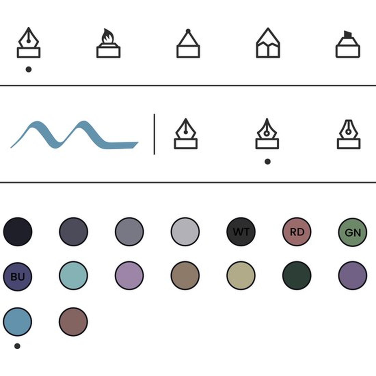 Icons of writing tools and color swatches.