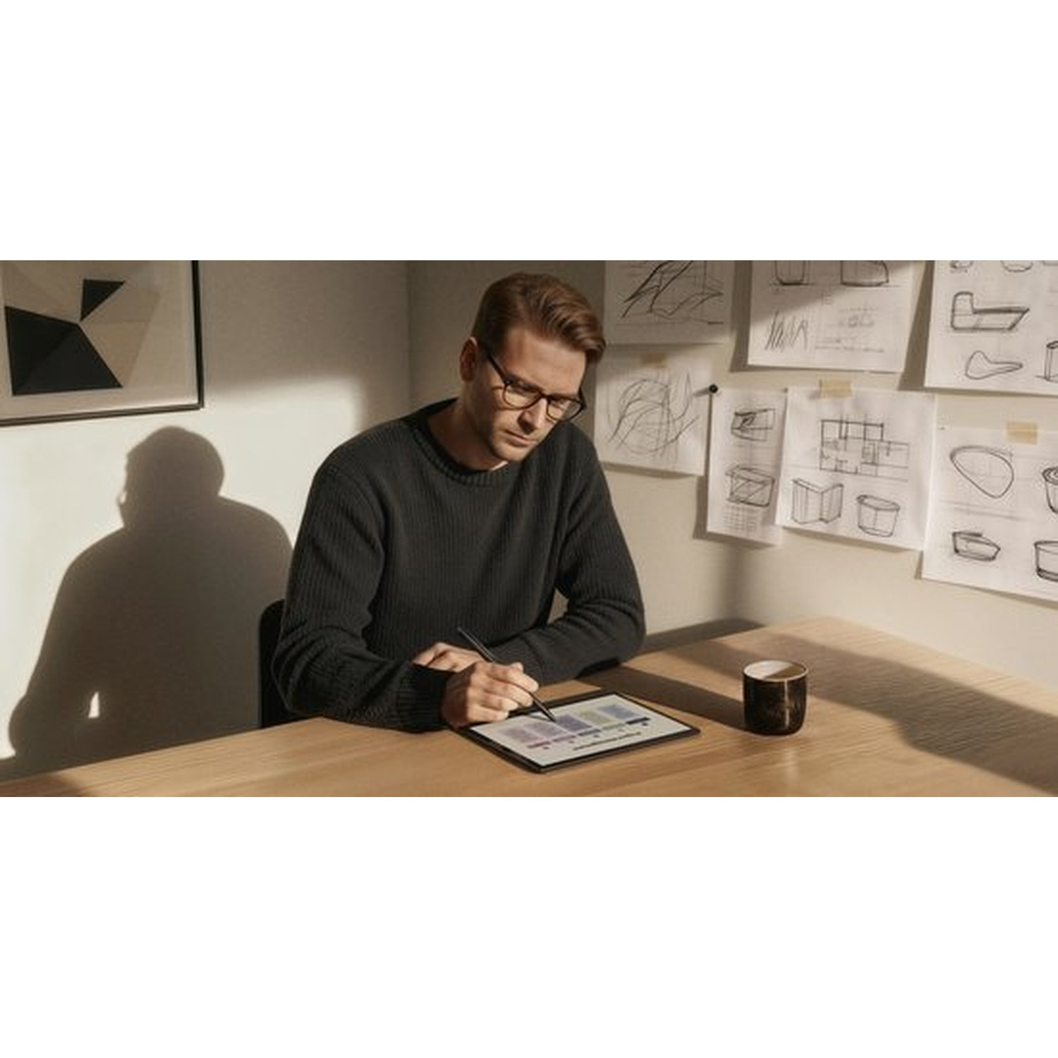 Man in glasses at desk using tablet, sketches on wall behind him.