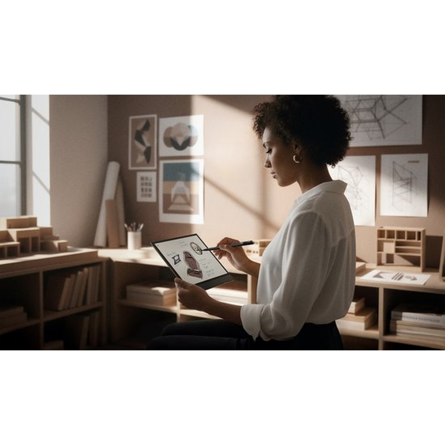 A woman in a white shirt sketches on a tablet in a sunlit studio with architectural models.