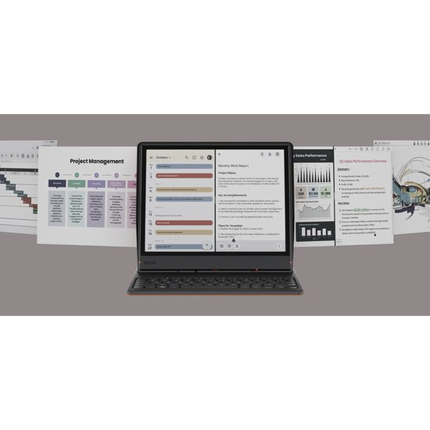 A laptop displays project management and sales reports, with charts and text.