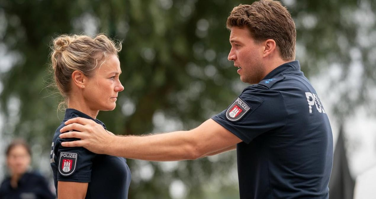 Zwei Polizisten, ein Mann und eine Frau, in dunkelblauen Uniformen, unterhalten sich im Freien.