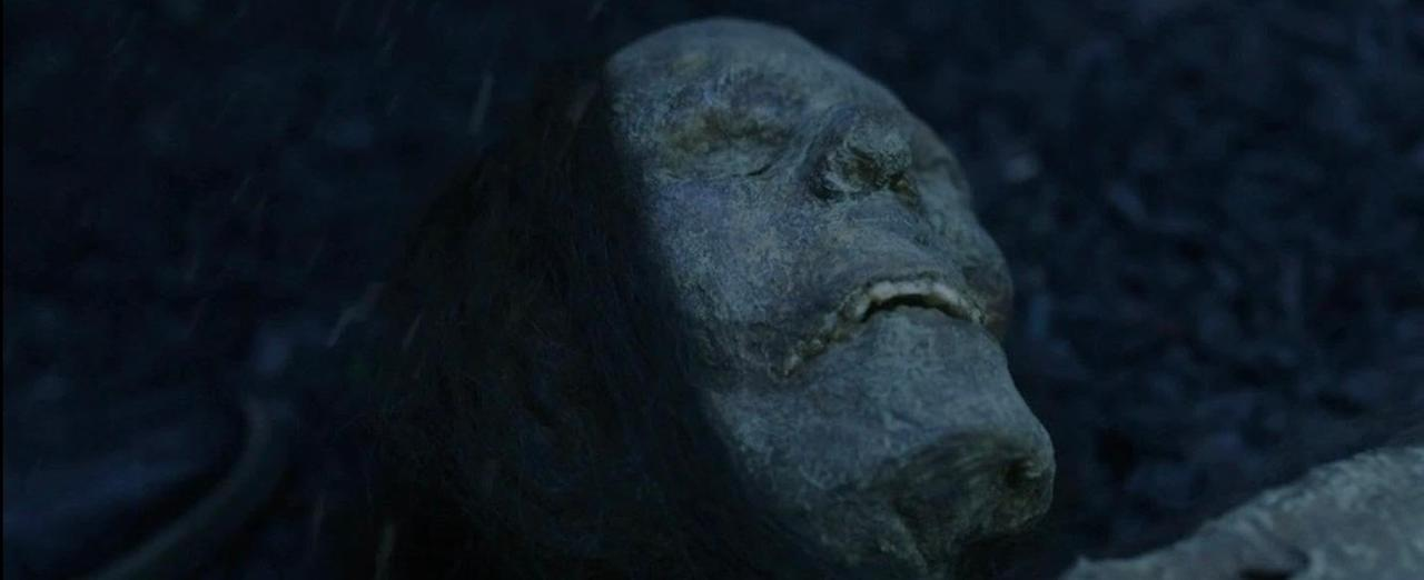 Nahaufnahme eines verrottenden, gräulich-mumifizierten Gesichts mit geschlossenen Augen und offenem Mund.