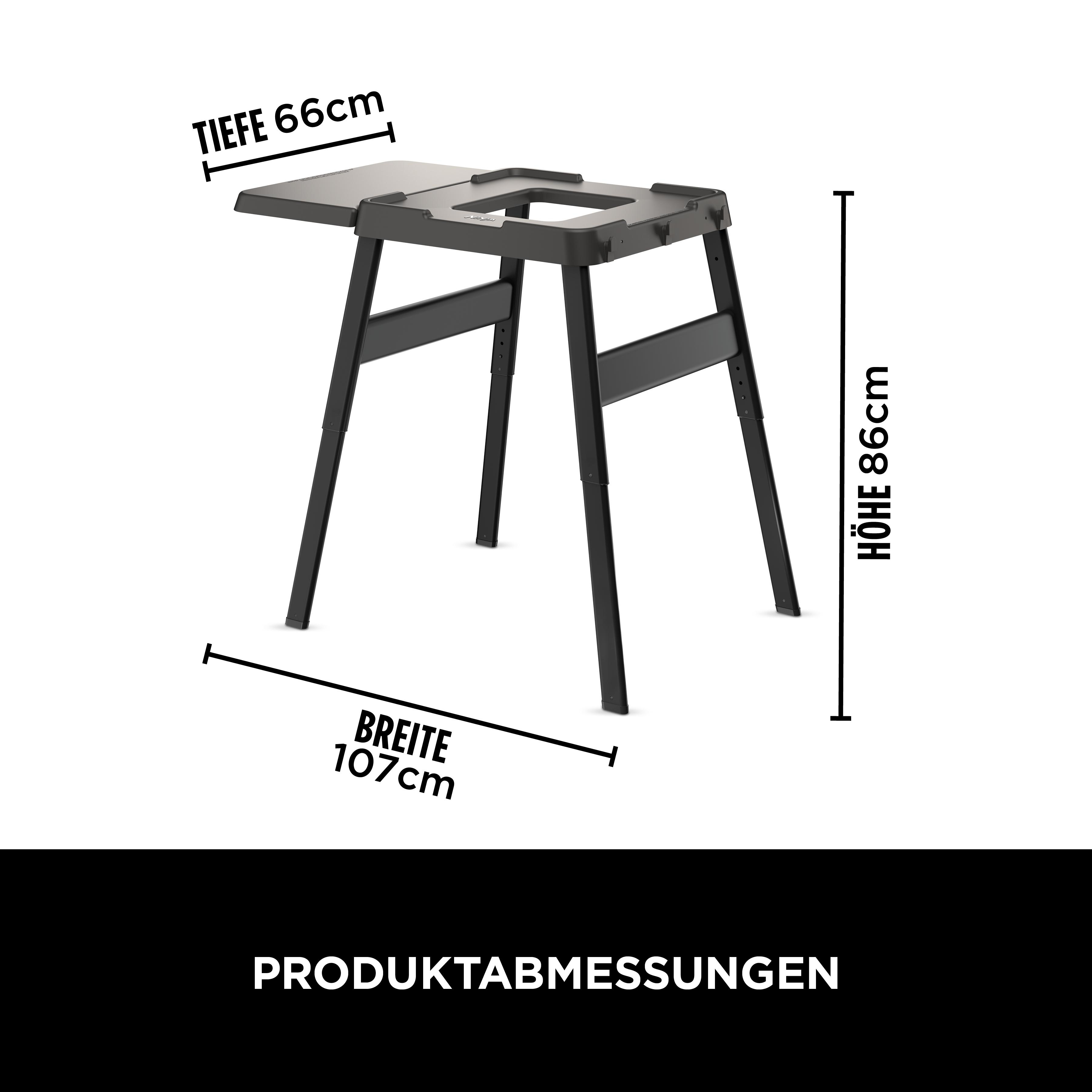 Schwarzer Metallständer mit Maßen: Tiefe 66cm, Höhe 86cm, Breite 107cm.