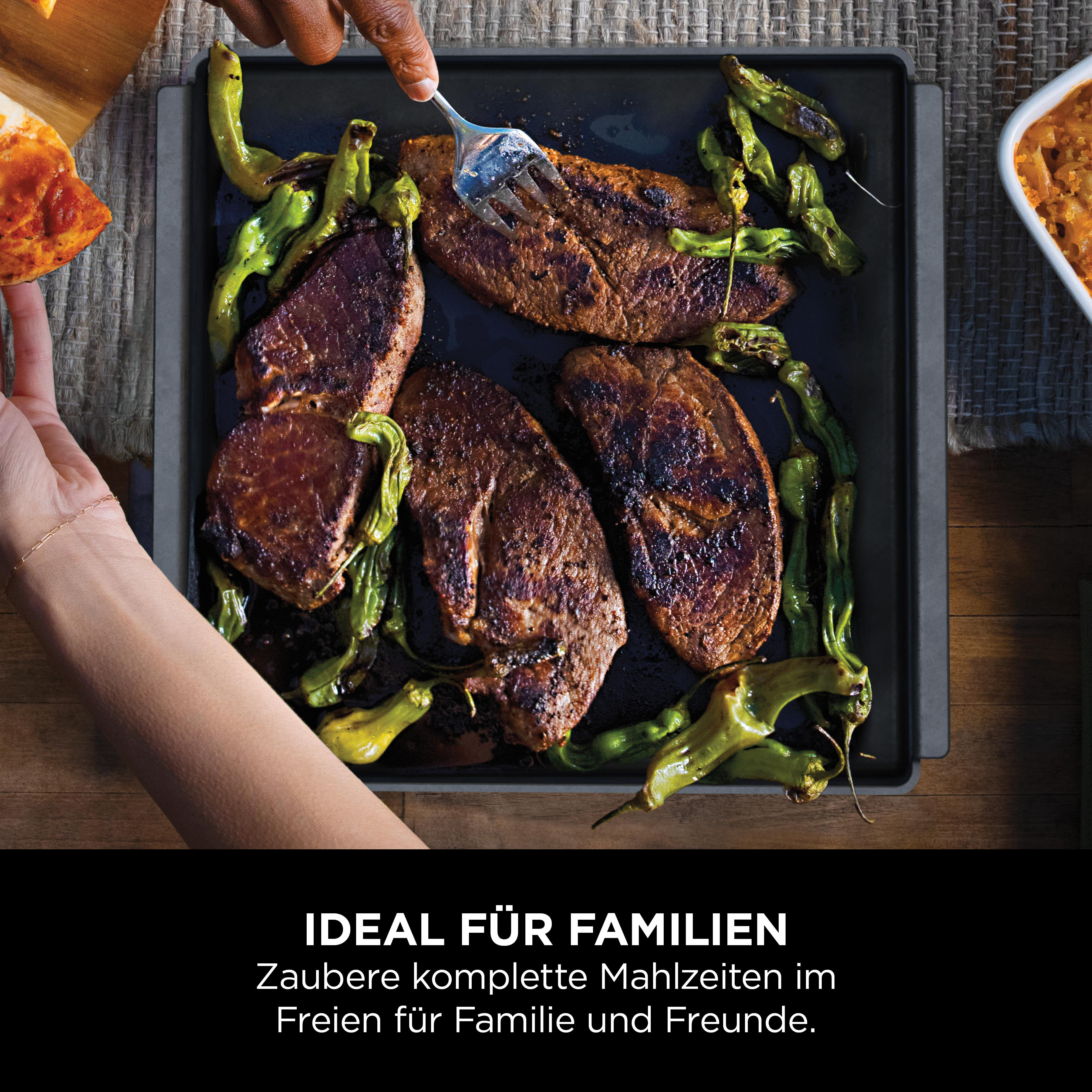 Fleisch und grüne Chilis auf einem Grillrost mit Händen, die es servieren.