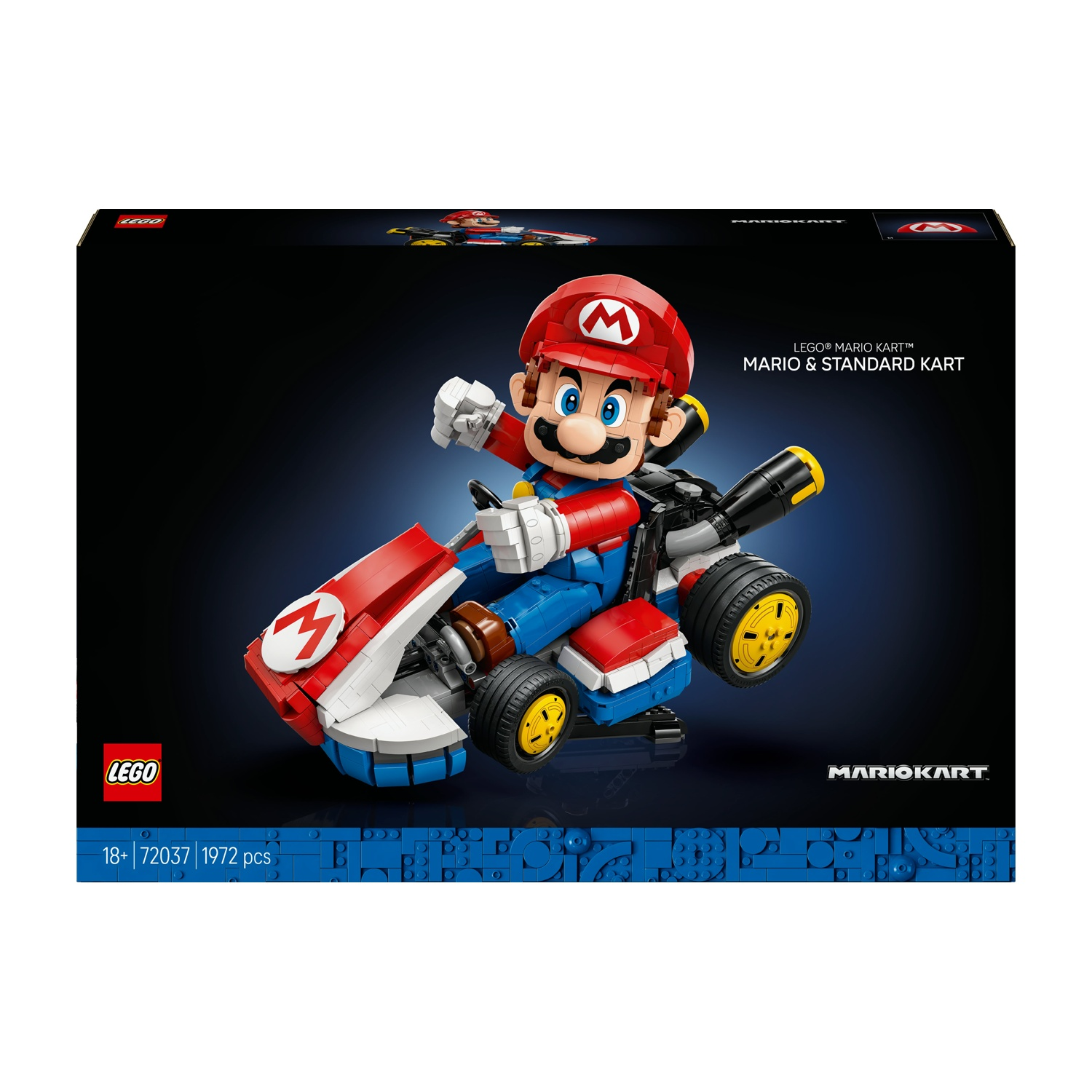 Scatola LEGO Mario Kart con Mario nella sua auto da corsa.