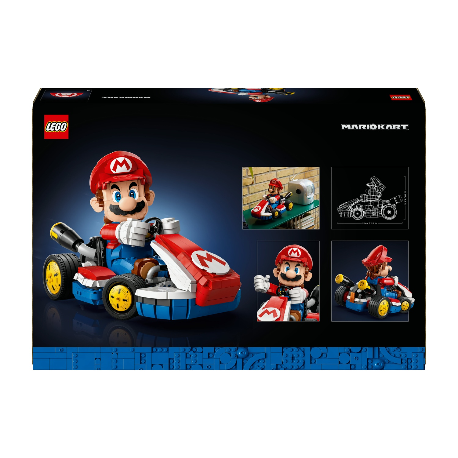 Scatola set LEGO Mario Kart con Mario nel suo go-kart. Disegno tecnico accanto.