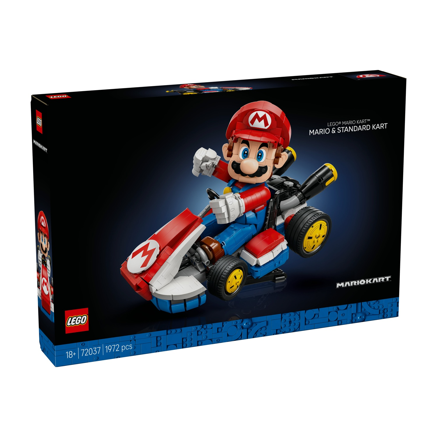 Scatola Lego Mario Kart con Mario su un go-kart rosso e blu.