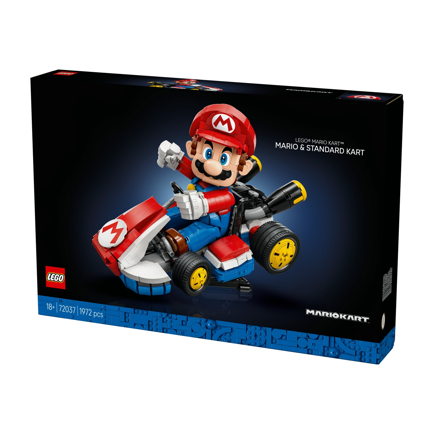 Scatola LEGO Mario Kart con Mario in un kart rosso e blu con ruote gialle.