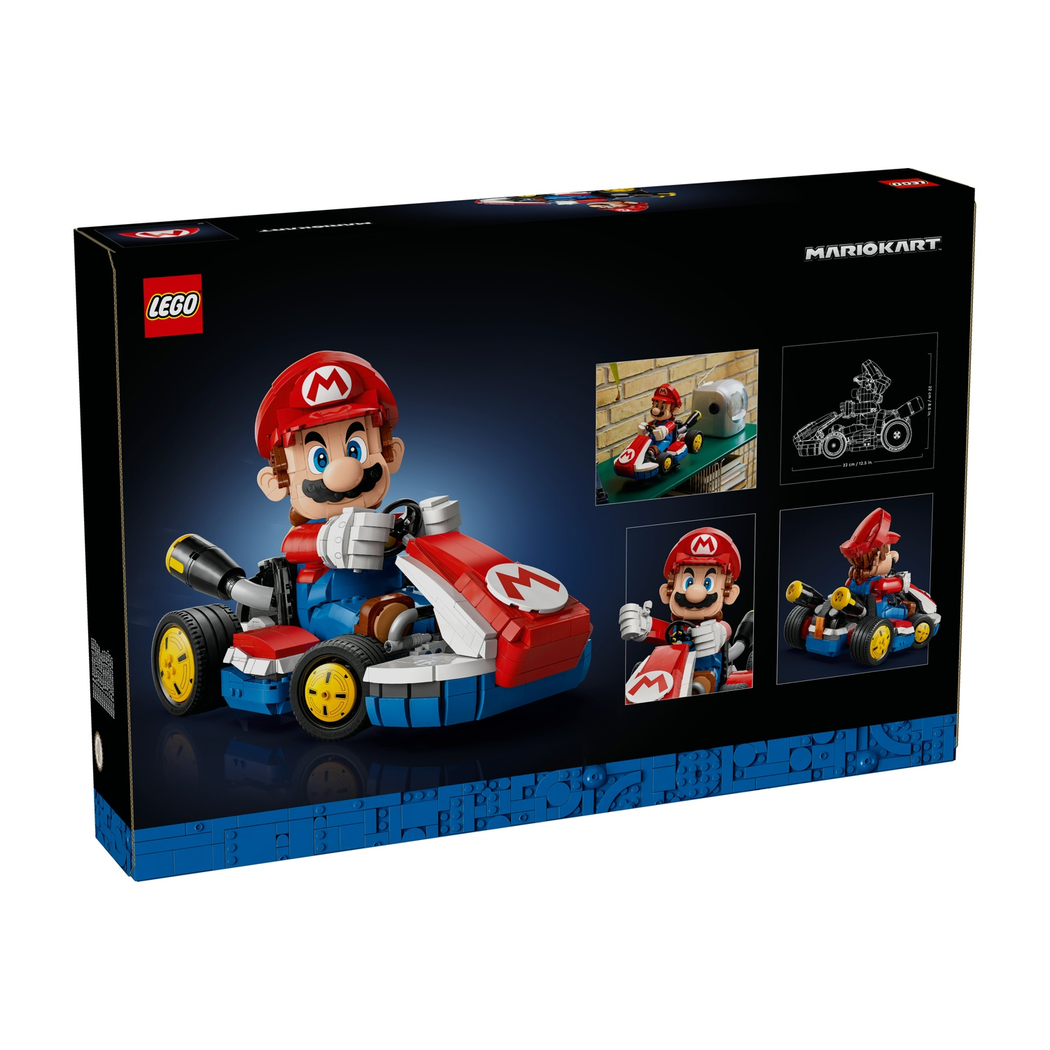 La scatola LEGO MARIOKART mostra Mario in un go-kart rosso e blu, con immagini più piccole del set.