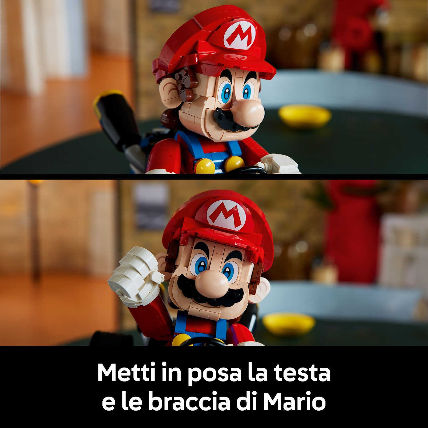 Personaggio Lego Mario con cappello rosso e salopette blu, in un kart, tiene volante.