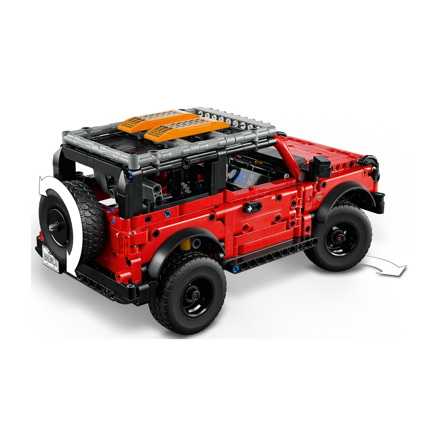 Ford Bronco Lego Technic rosso con ruota di scorta, ruote nere e dettagli arancioni.