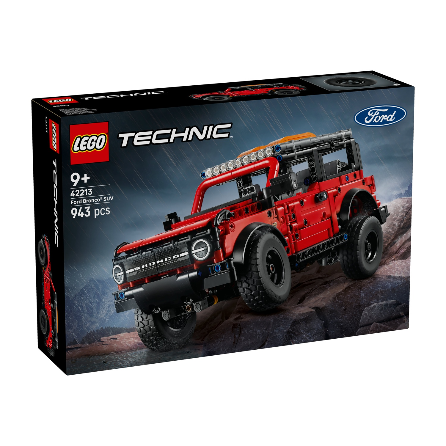 Scatola rossa Lego Technic Ford Bronco SUV con modello dettagliato su sfondo roccioso e piovoso.
