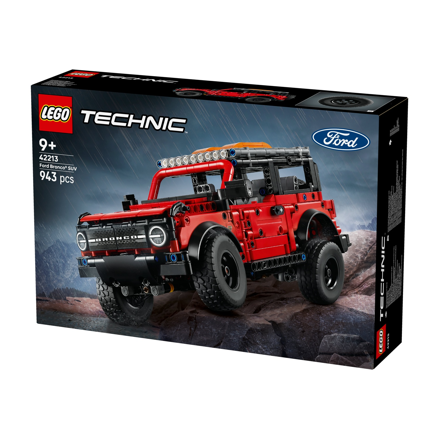 La scatola del SUV Ford Bronco rosso LEGO Technic mostra il modello su terreno roccioso con pioggia.