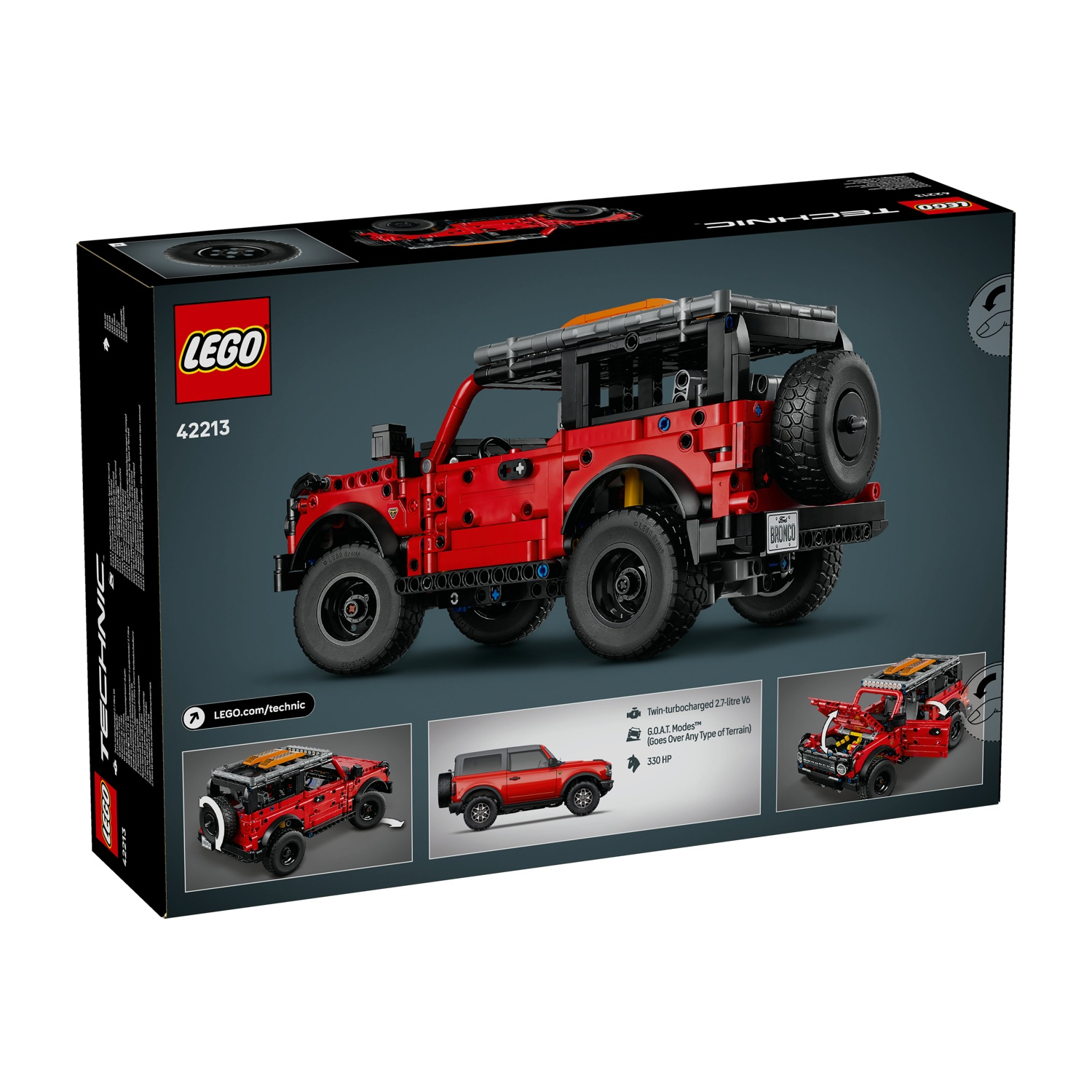 Modello Lego Technic Ford Bronco rosso con pneumatici e portapacchi.