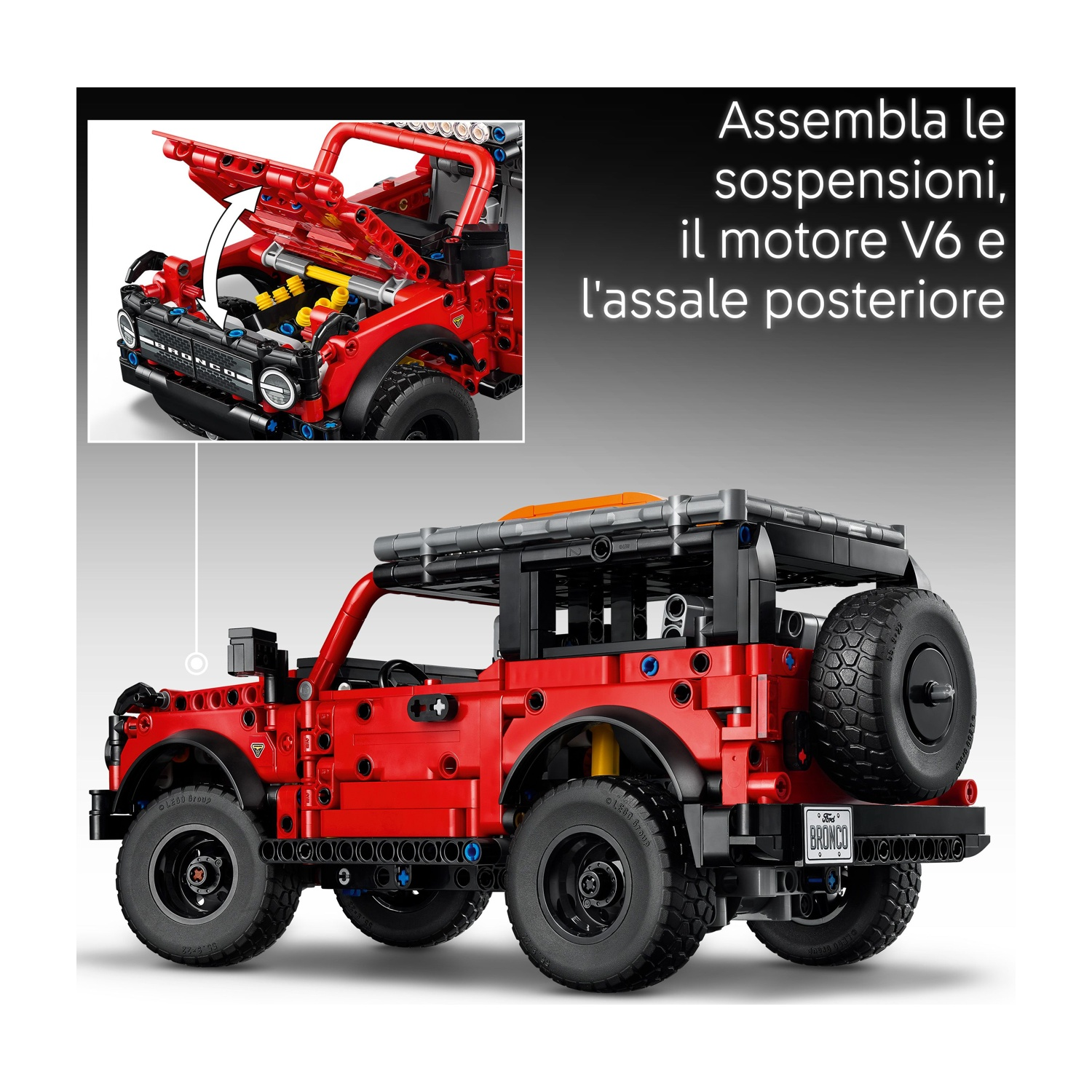 Modello Lego Technic Ford Bronco rosso con cofano aperto che mostra parti del motore.