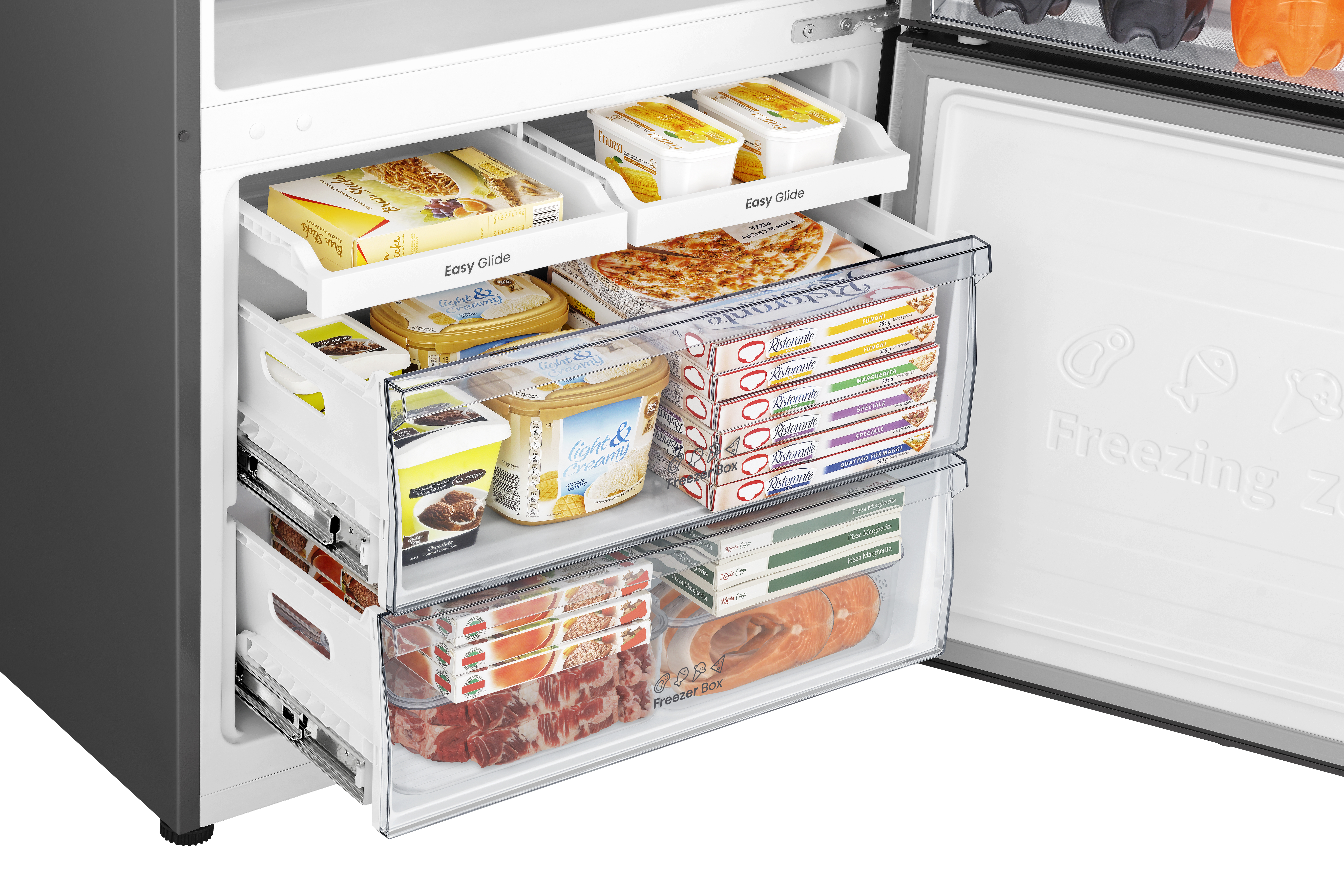 Offene Gefrierschubladen mit Lebensmitteln: Eis, Pizza, Fleisch, Fisch, Mahlzeiten.