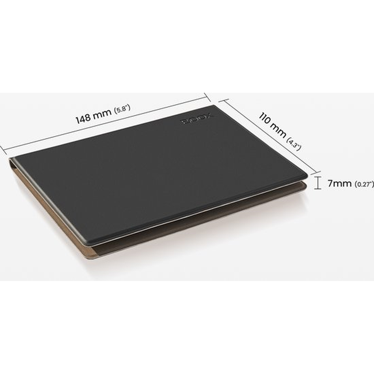 Zwart apparaat toont afmetingen: 148mm (5.8"), 110mm (4.3"), 7mm (0.27")