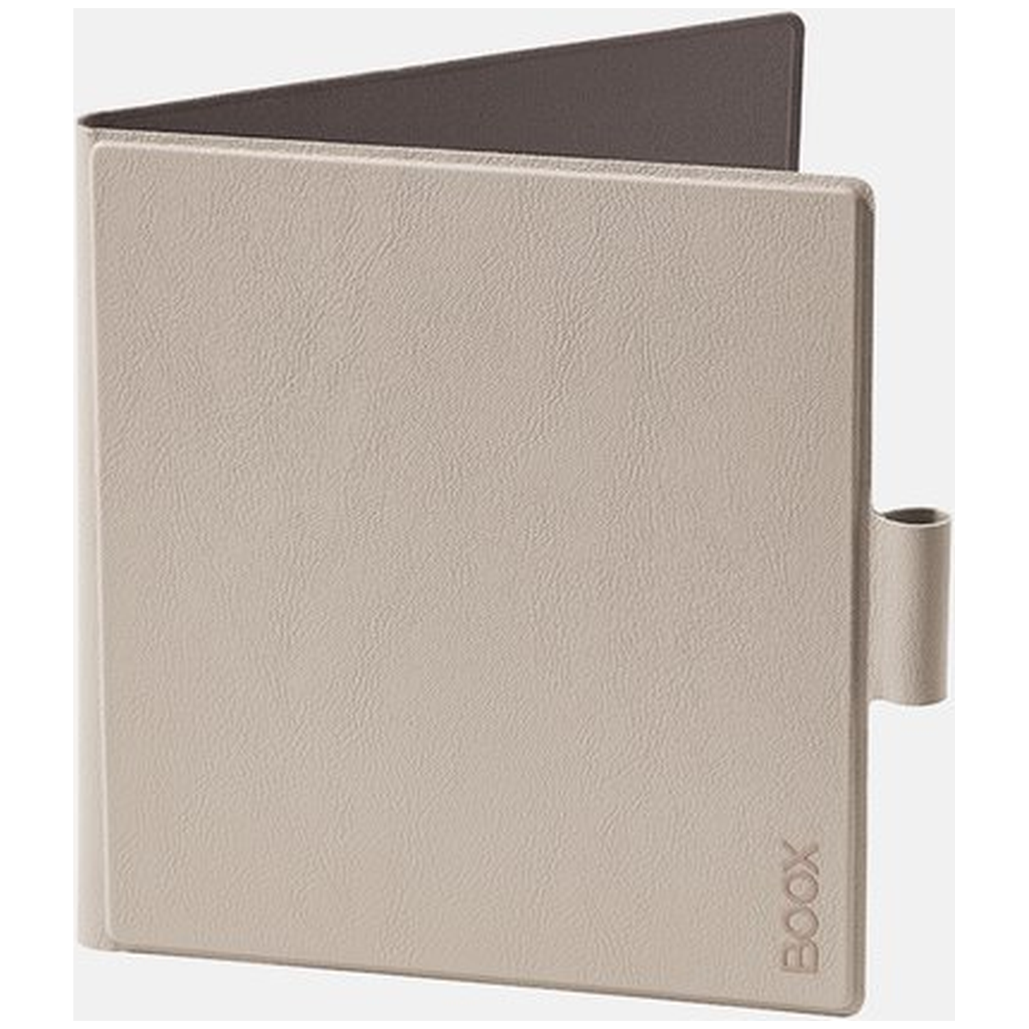 Een beige hoes met donkergrijs interieur, open. Het woord BOOX is ingeperst.