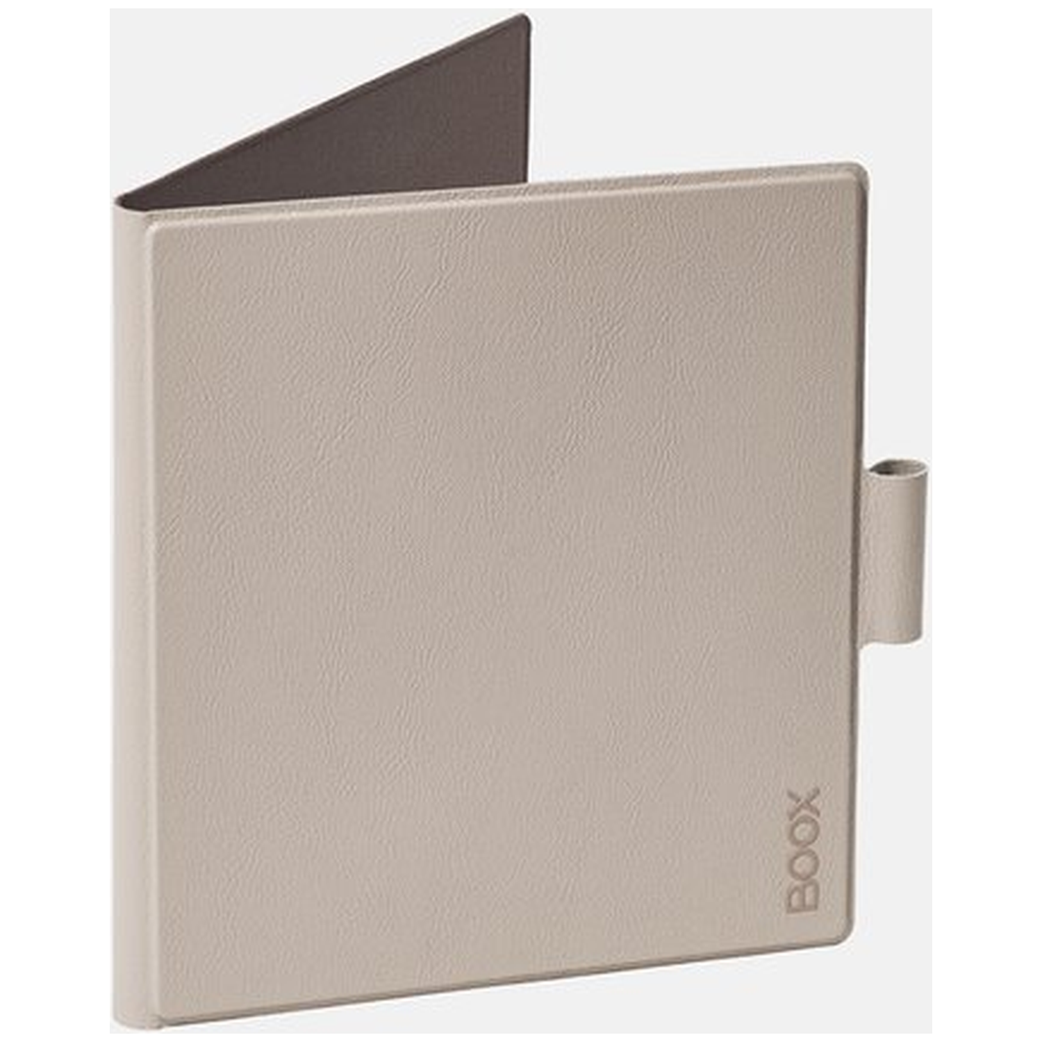 Een beige e-reader hoes met donkerbruine binnenkant, schuin open.