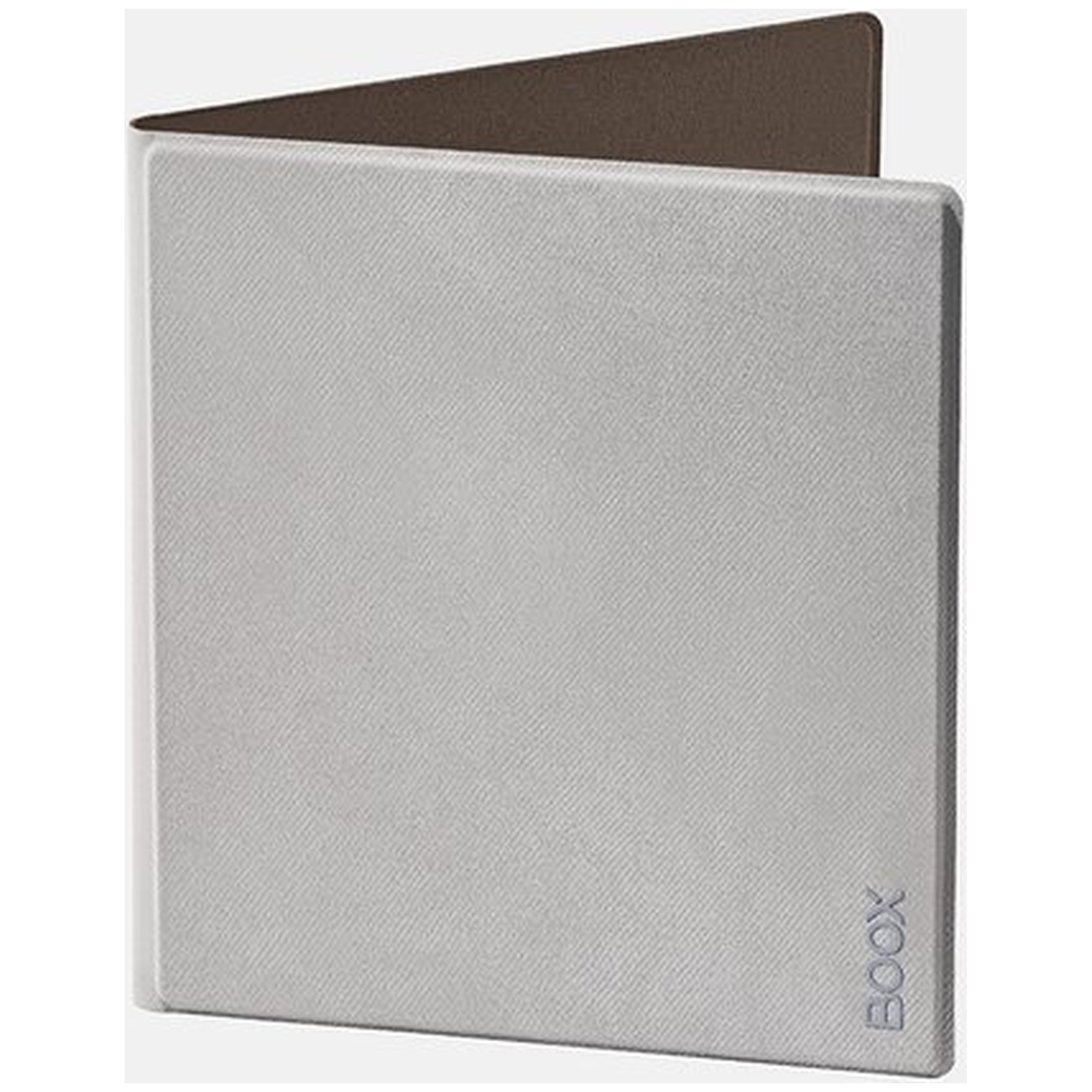 Een lichtgrijze e-reader met bruine kaft, het BOOX-logo staat rechtsonder.