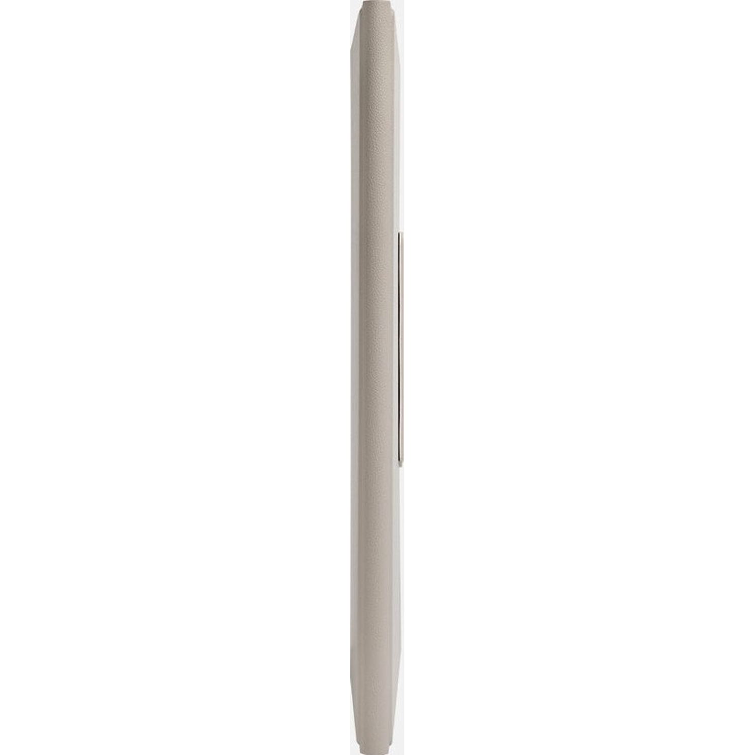Een lichtbeige tablethoes van de zijkant gezien, met donker lijndetail.