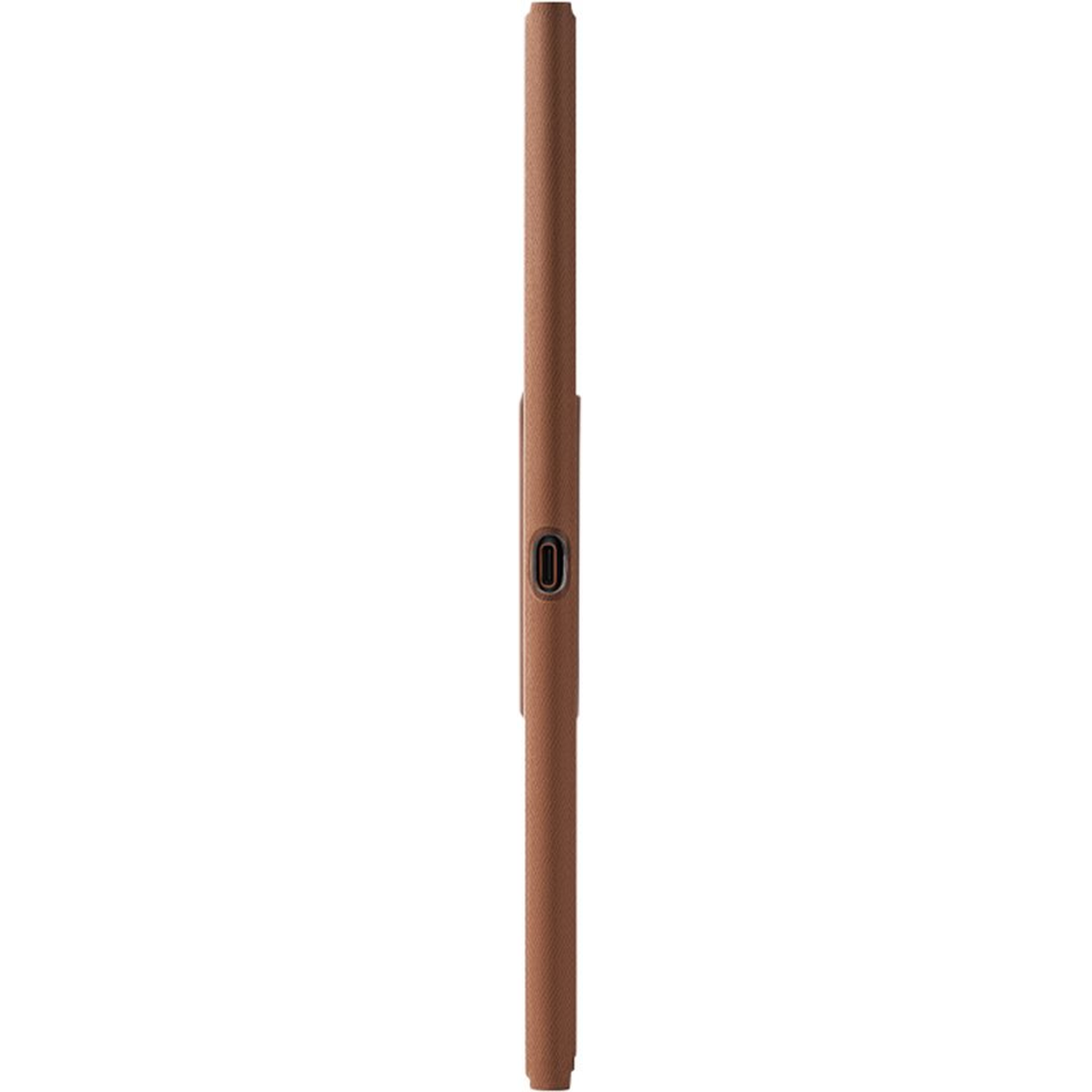 Bruine verticale telefoonhoes met zwart logo.