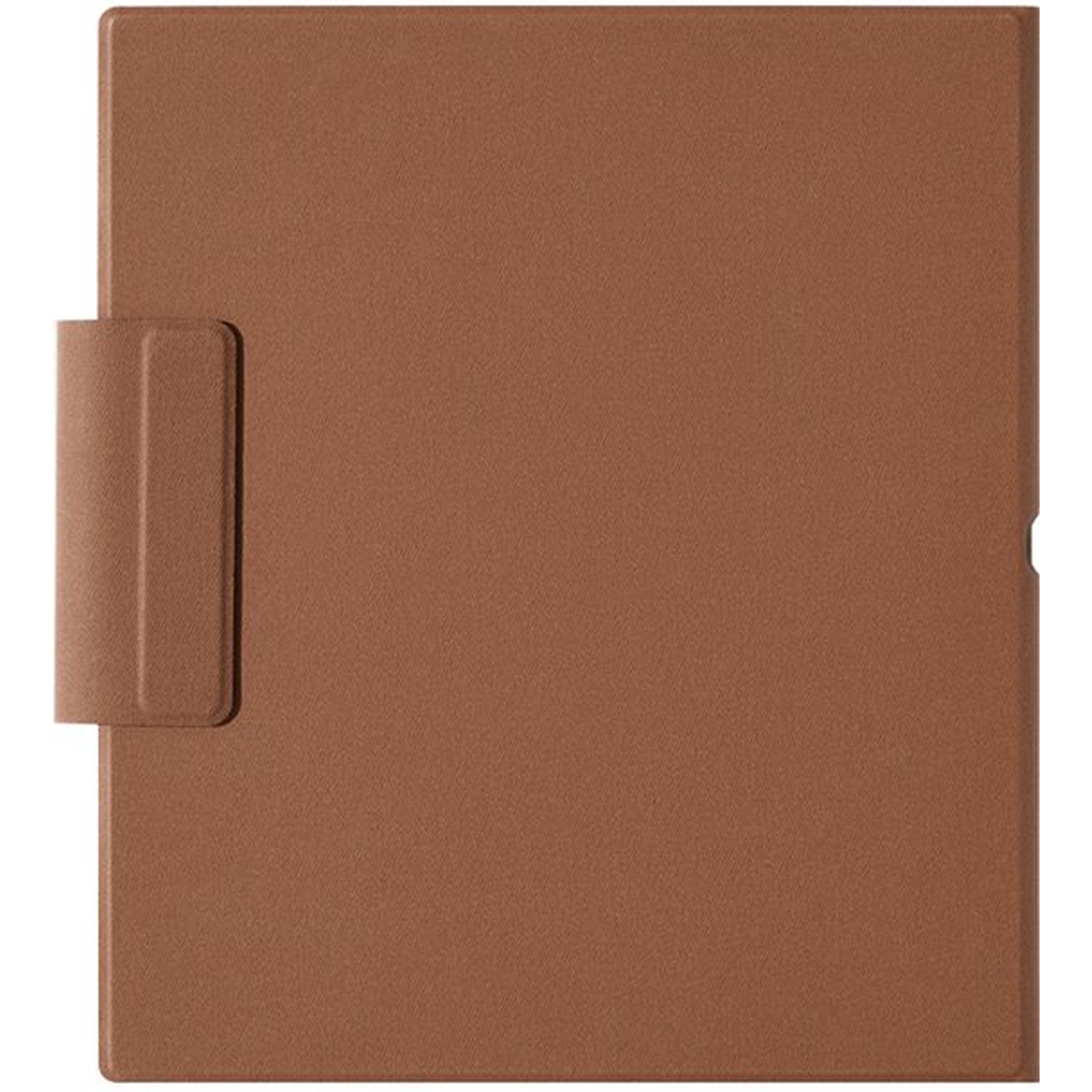 Een bruine hoes voor een tablet of vergelijkbaar apparaat ligt op een witte ondergrond.