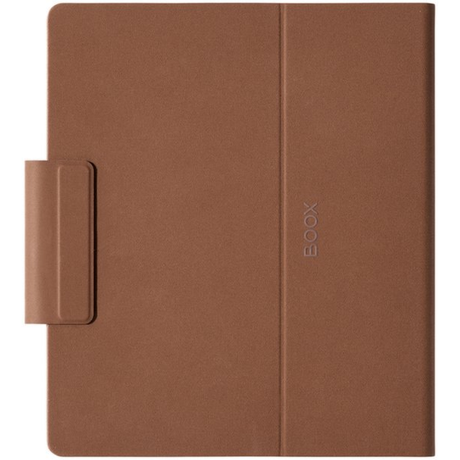 Bruine e-reader hoes met magnetische sluiting en 'BOOX' logo in reliëf rechts.