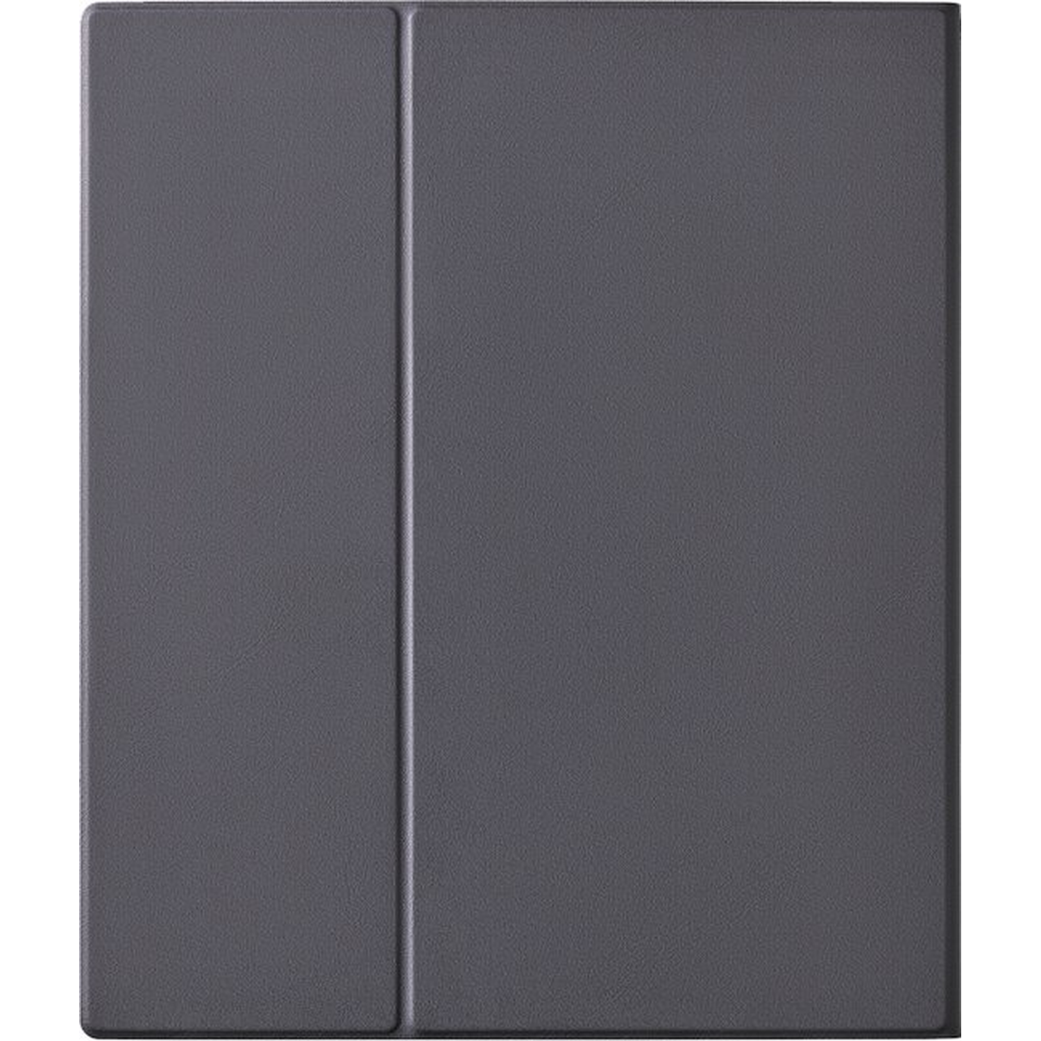 Een gesloten grijze tablethoes met subtiele textuur en verticale naad.