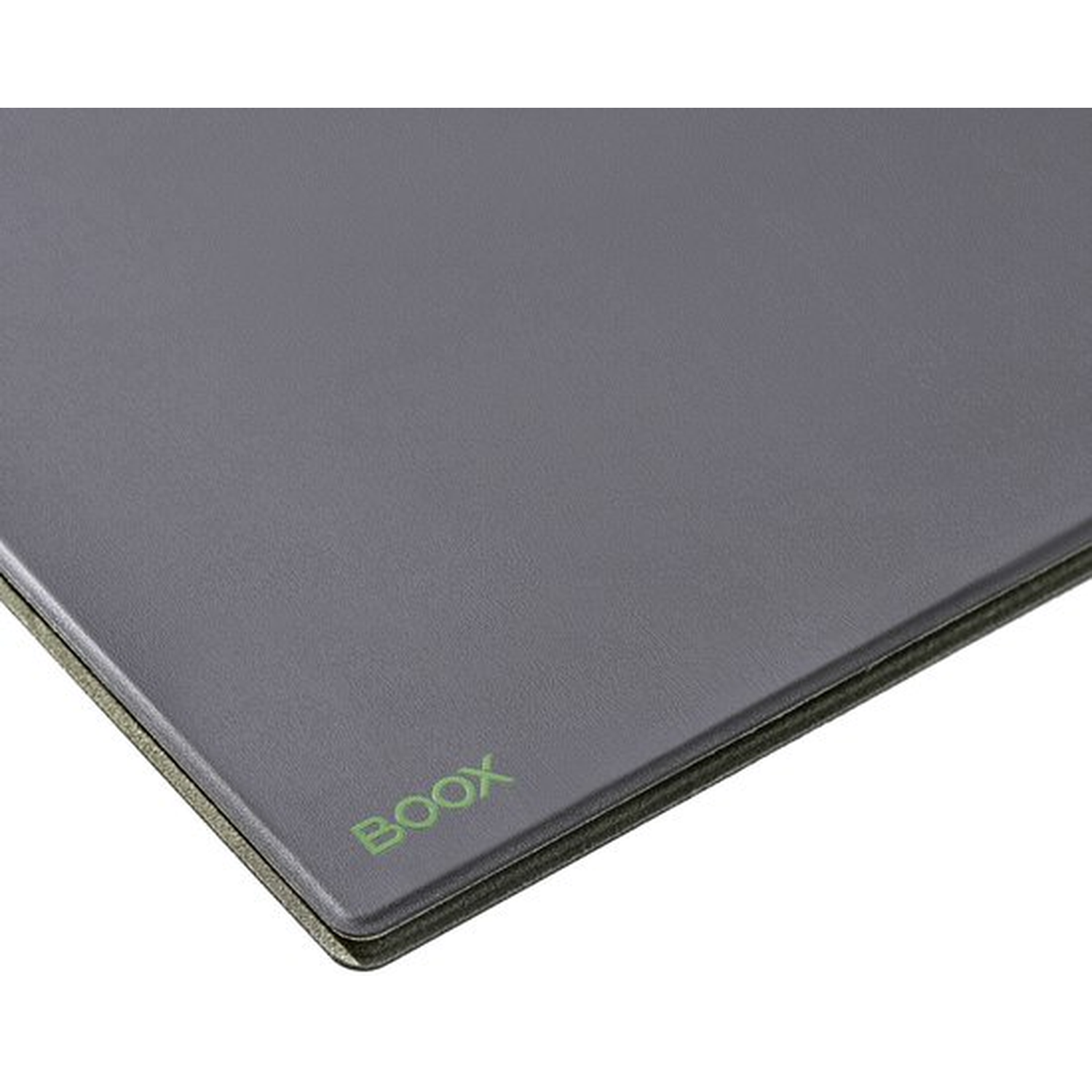 Grijze hoes met groen "Boox" logo in de hoek.
