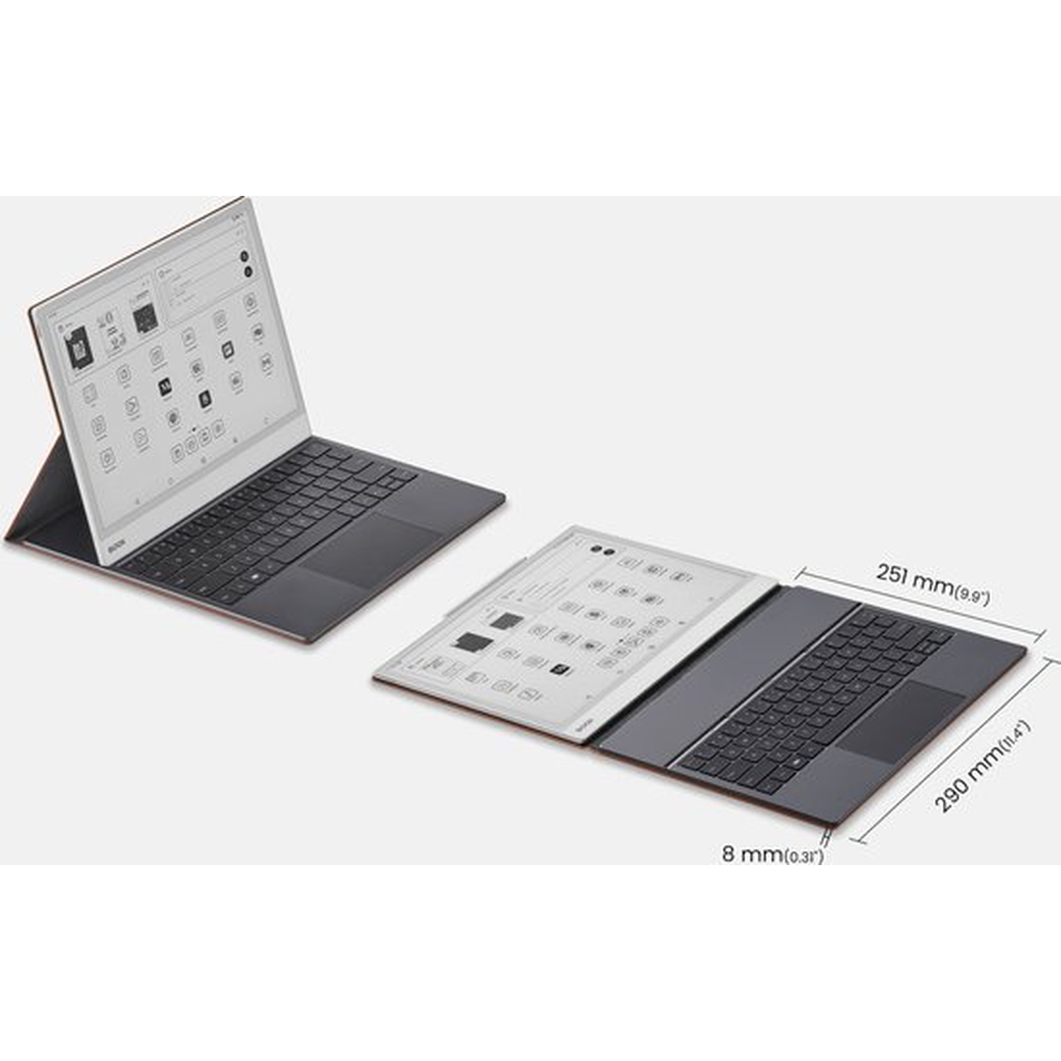 Twee e-readers met toetsenborddocks: één open, één gesloten, met afmetingen.