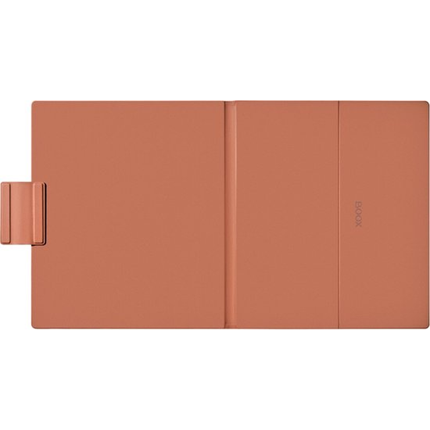 Een terracotta e-reader hoes is open, met de binnenkant en een magnetische sluiting zichtbaar.