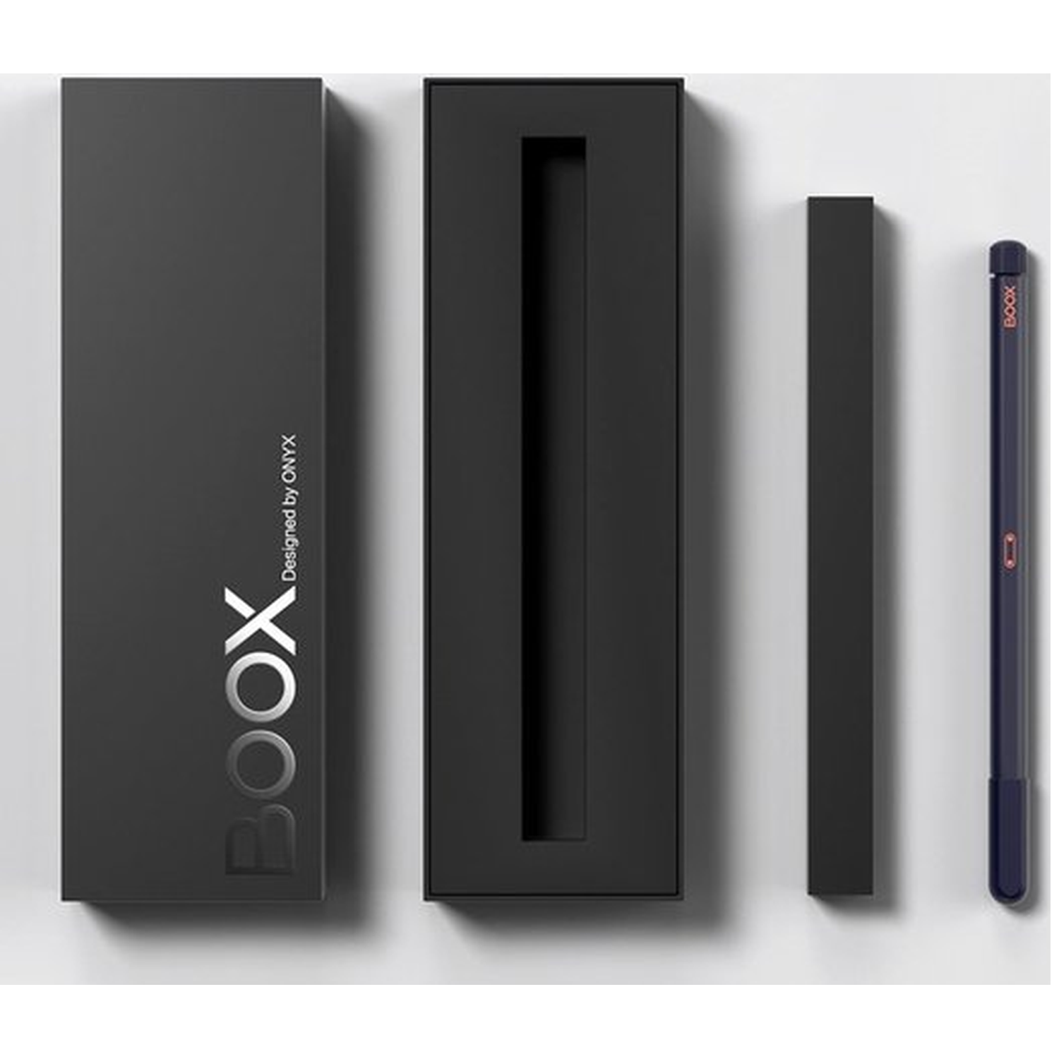 Black BOOX branded box, empty box, and a dark blue stylus pen.