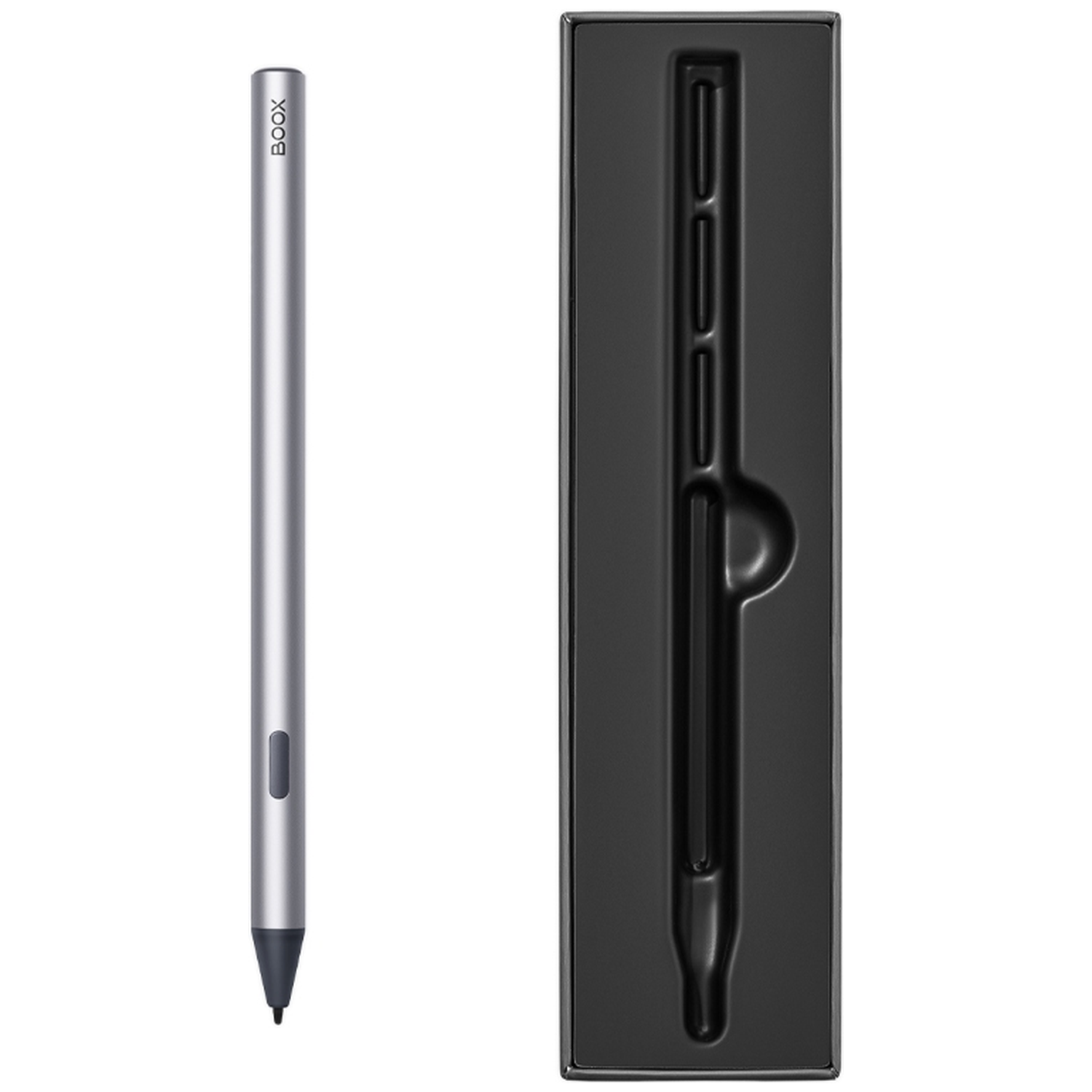 Een zilveren stylus met BOOX-logo rust naast de zwarte verpakking.