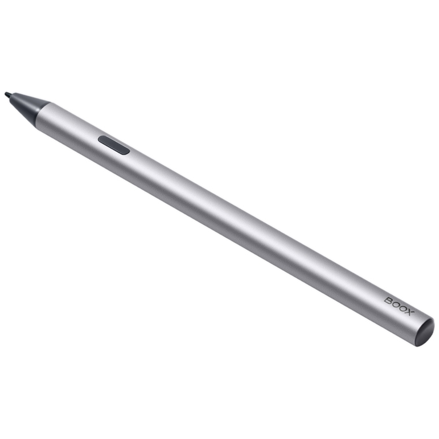 Een zilveren styluspen met een zwarte punt en een donkergrijze knop, met BOOX erop.