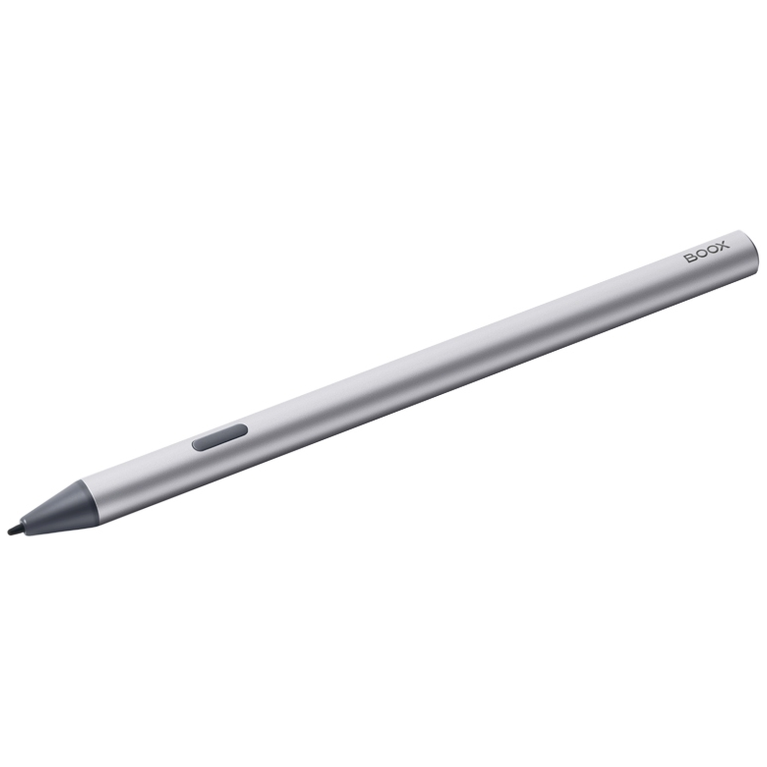 Een zilveren BOOX stylus met een donkergrijze punt en knop, getoond op een witte achtergrond.