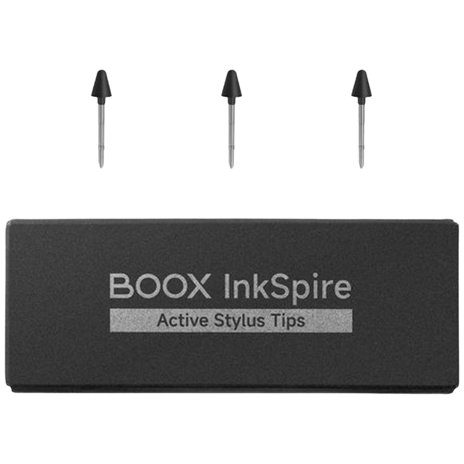Drie zwarte BOOX InkSpire actieve stylus tips boven een zwarte doos.
