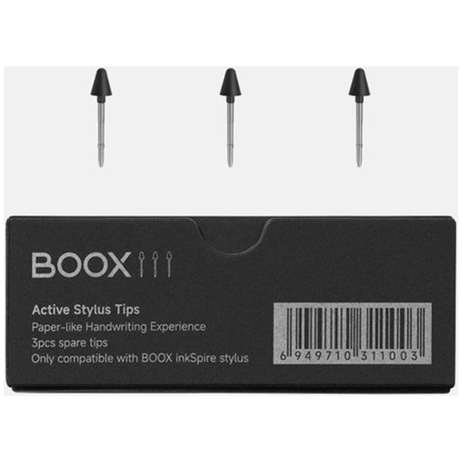 Drie zwarte styluspunten voor BOOX-pennen op zwarte verpakking met barcode.