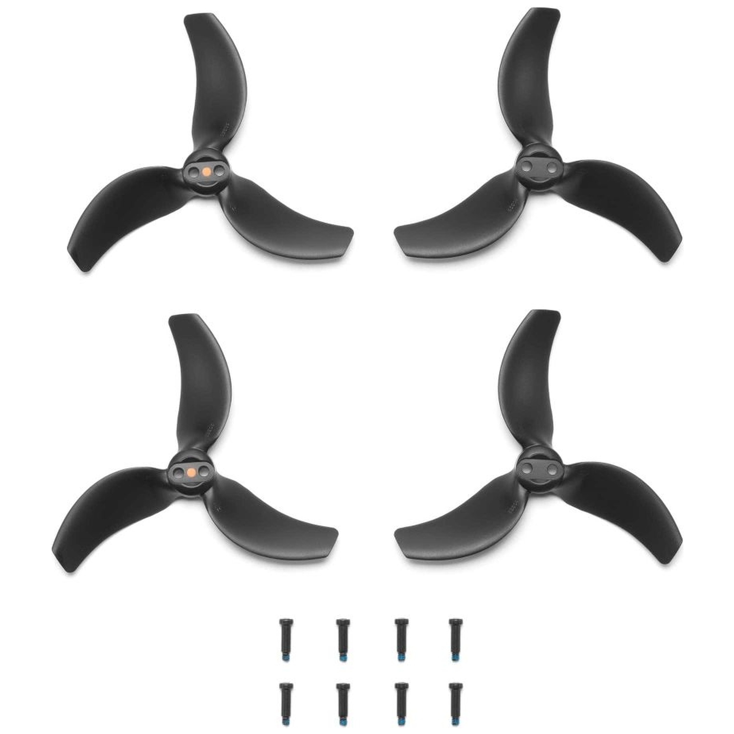 Four black drone propellers and six screws are arranged on a white background.
