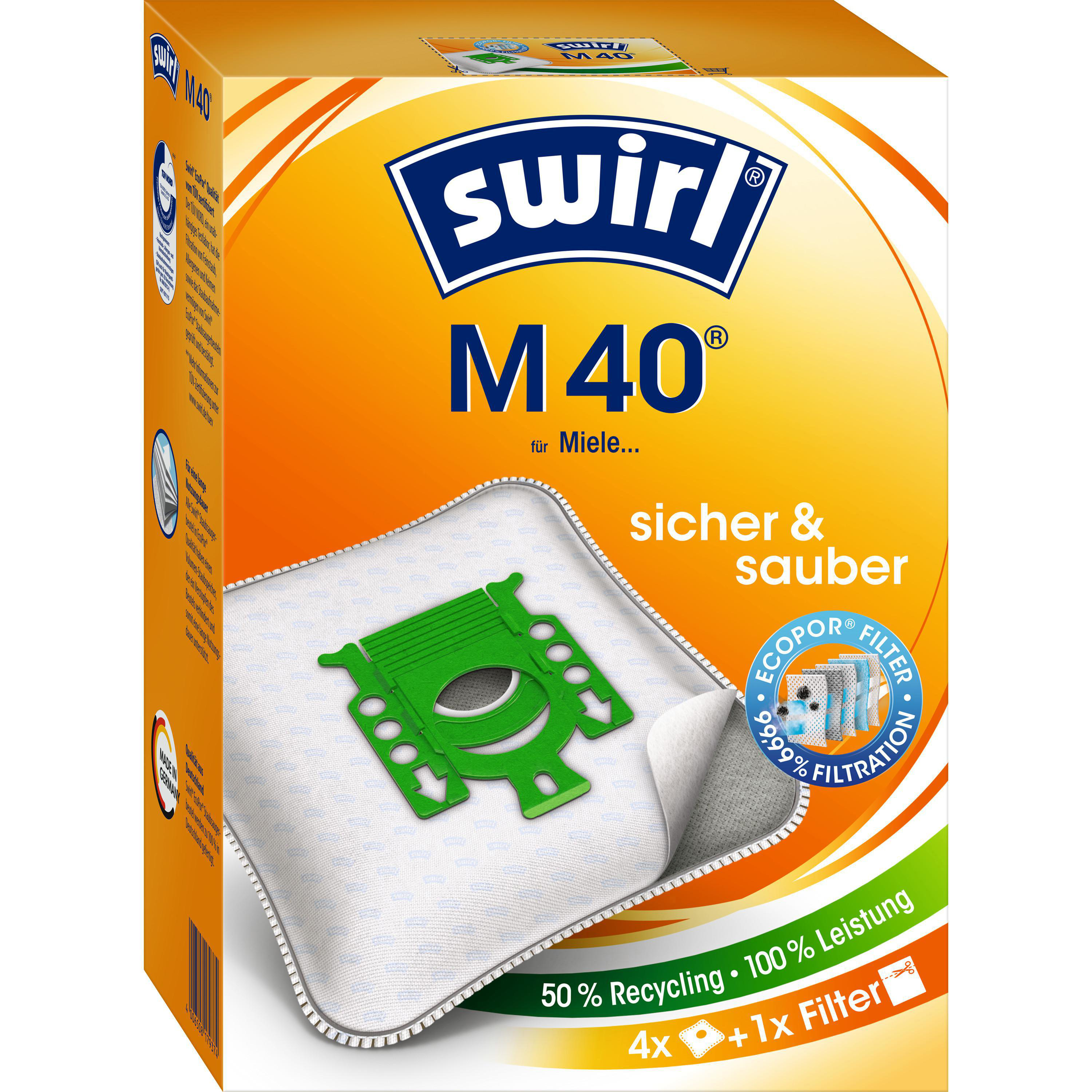 Verpackung für Swirl M40 Staubsaugerbeutel mit grünem Anschlussstück und Filteranzeige.
