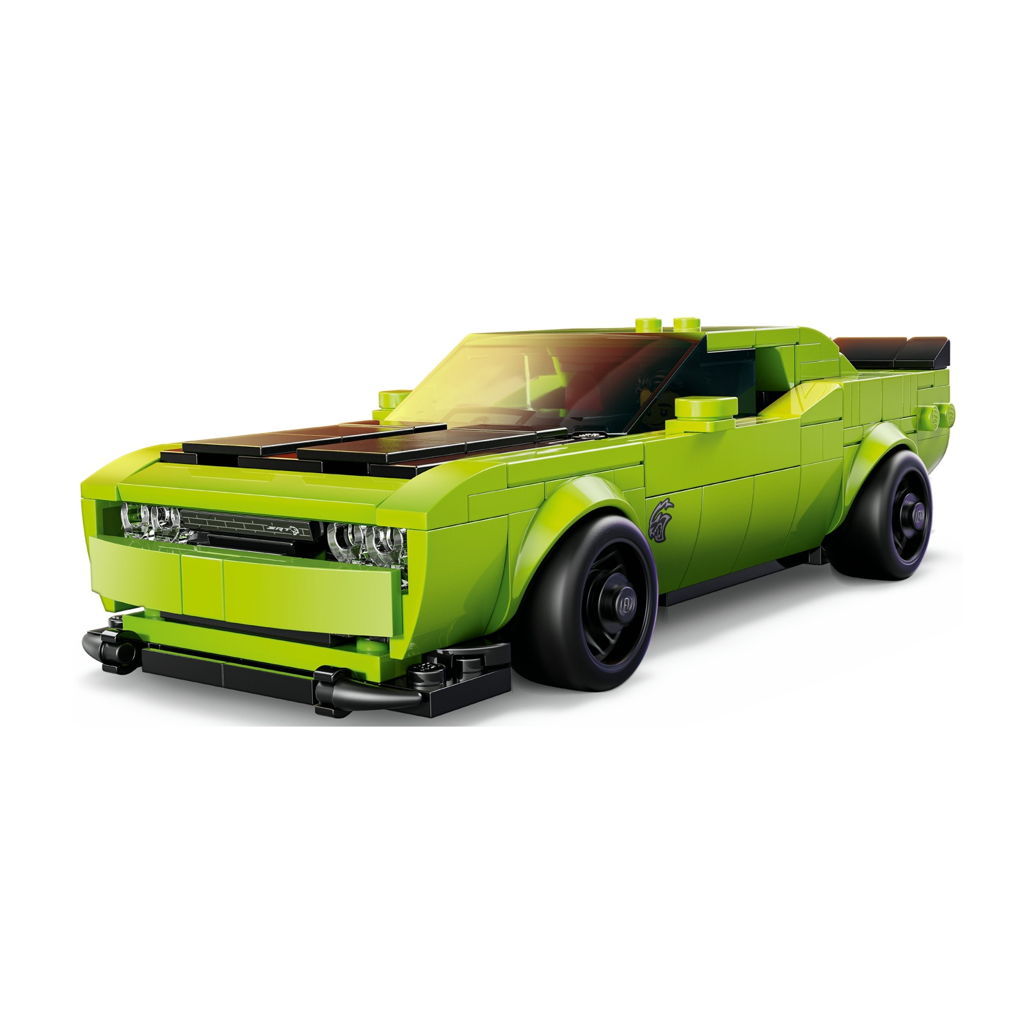 Un'auto Lego verde lime con accenti neri, pneumatici larghi e finestrini oscurati.