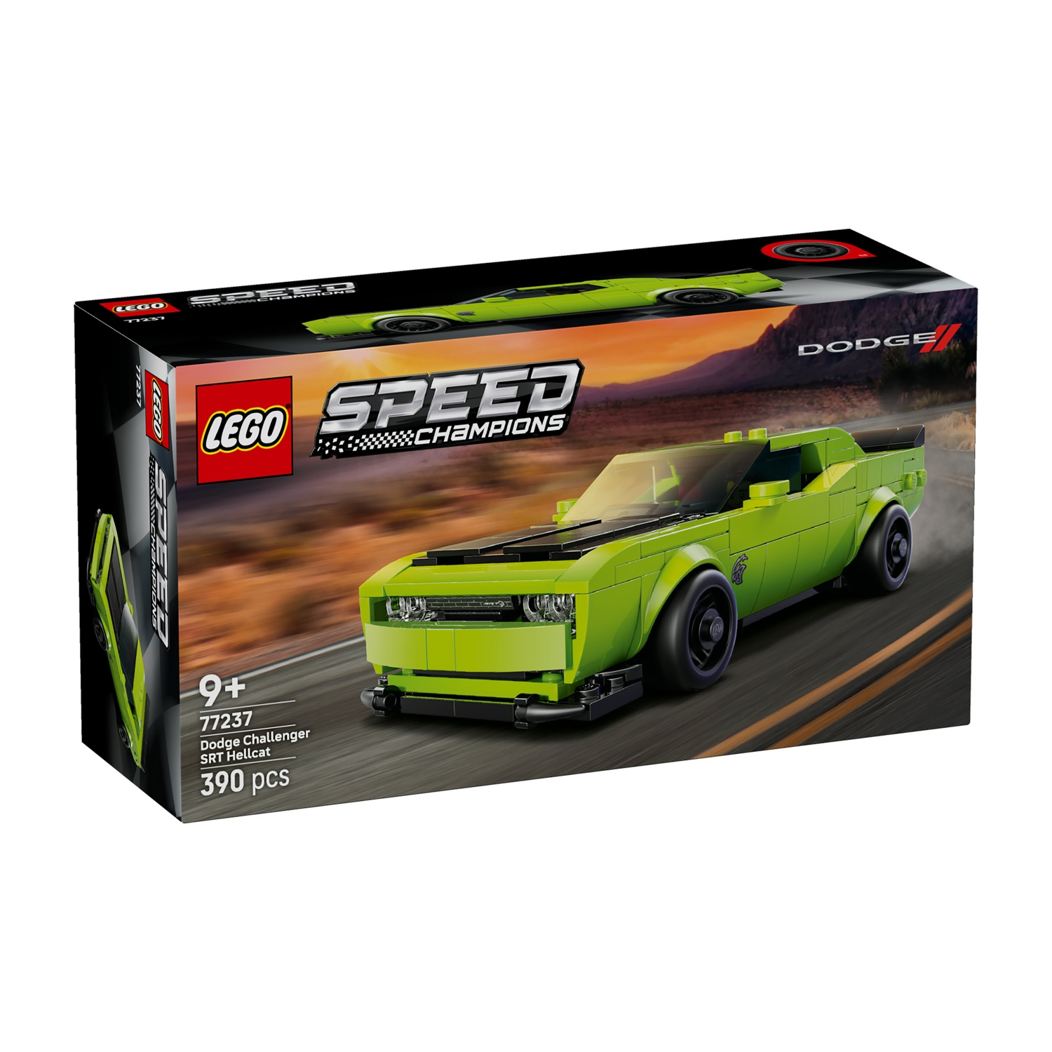 Scatola giocattolo Lego Speed Champions Dodge Challenger SRT Hellcat. Auto verde su strada.