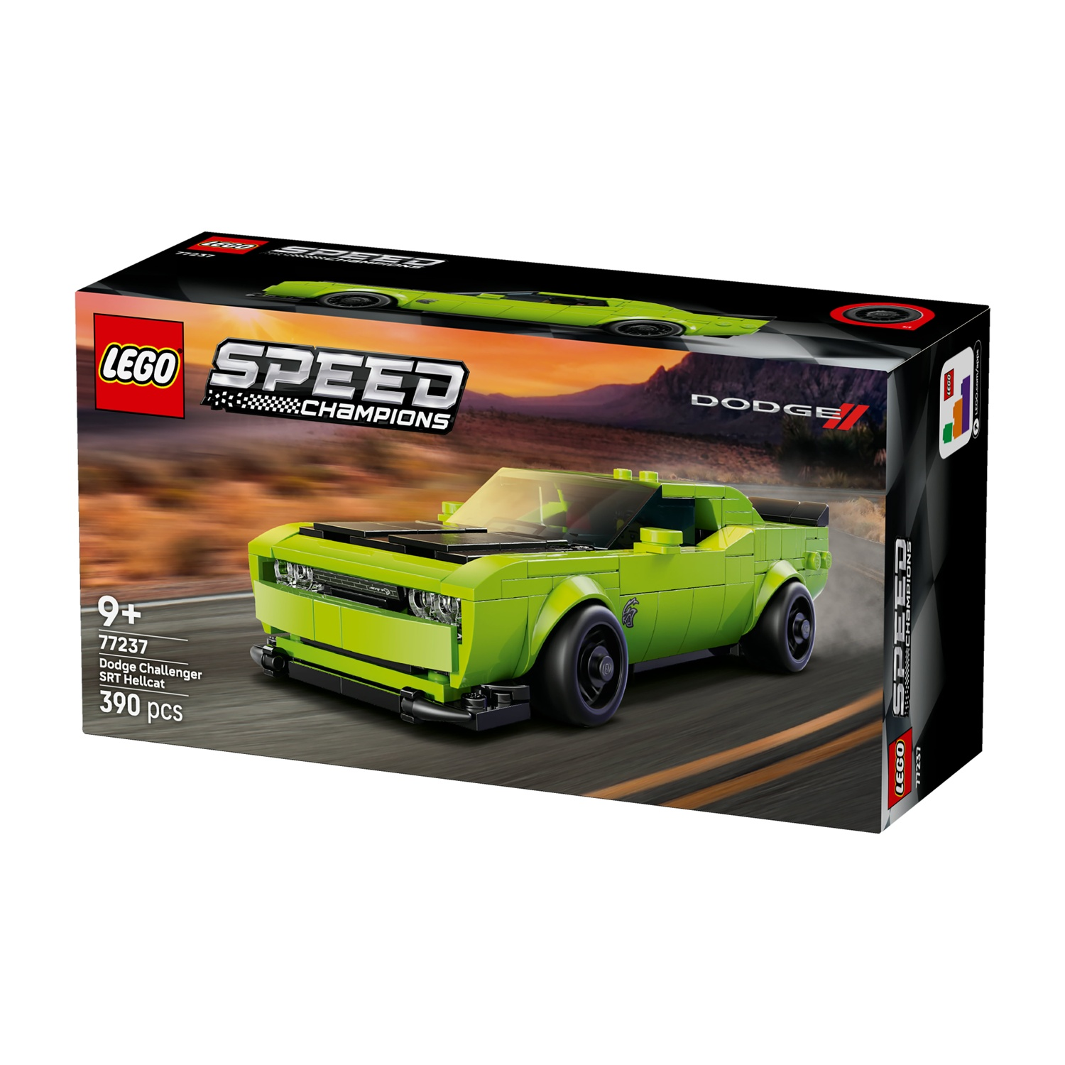 Set LEGO Speed Champions Dodge Challenger SRT Hellcat su una pista da corsa.