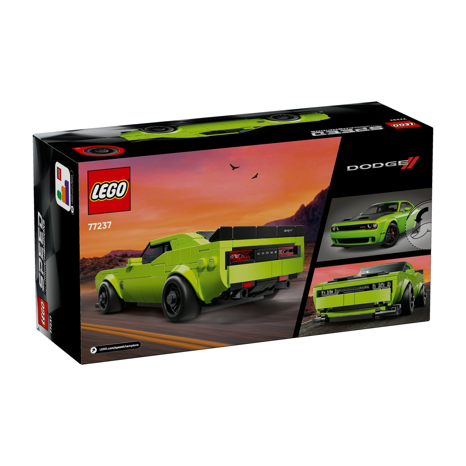 Scatola LEGO Dodge Challenger SRT Demon con auto verde su strada.