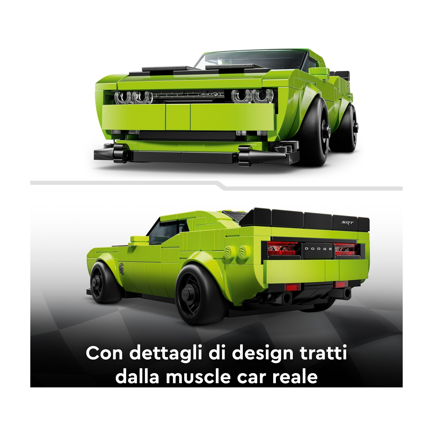Un'auto sportiva Lego verde con logo SRT e scritta "DODGE".